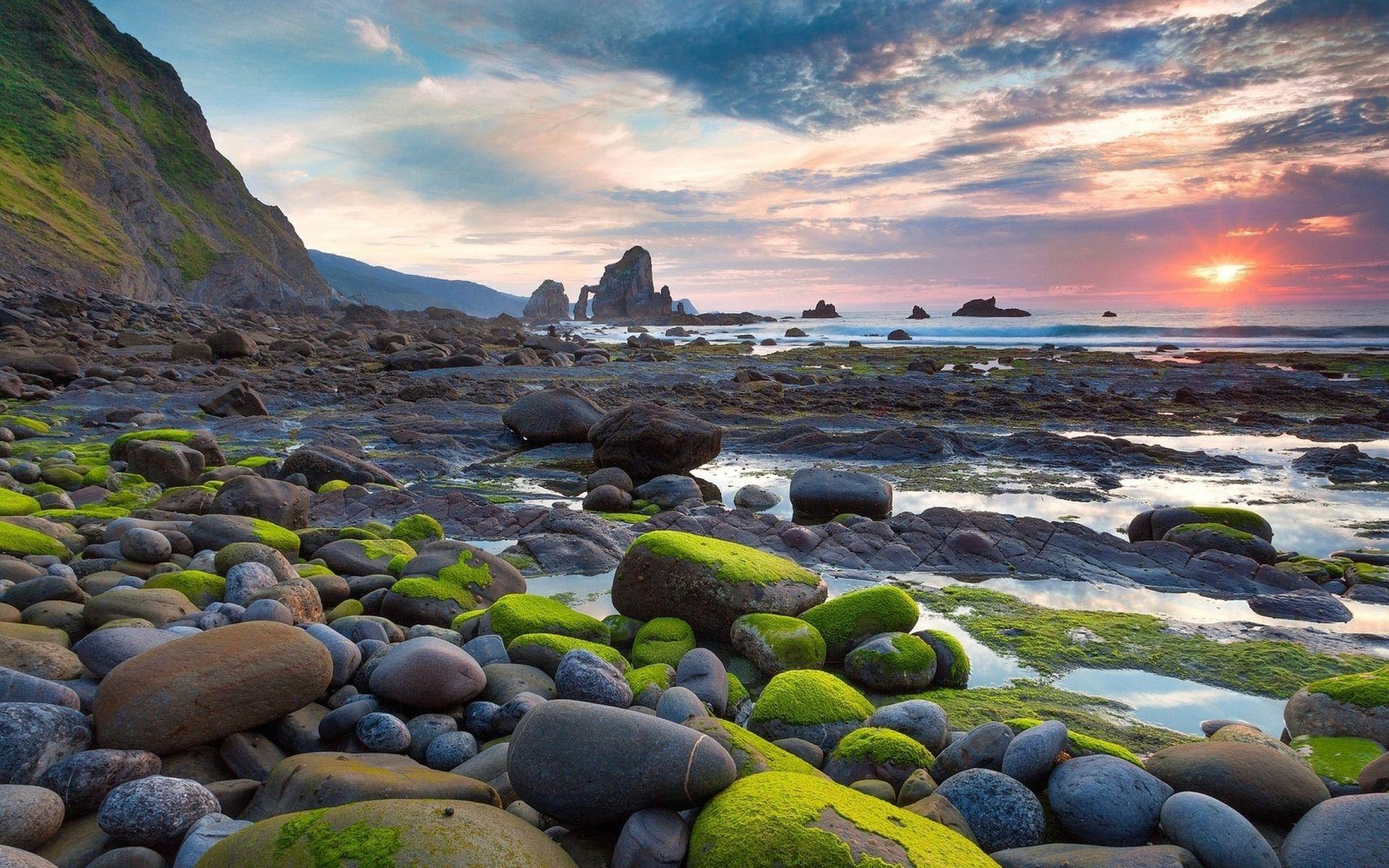 1920x1200 Landscapes ocean waves sunset sunrise cliff sky wallpaperx1200