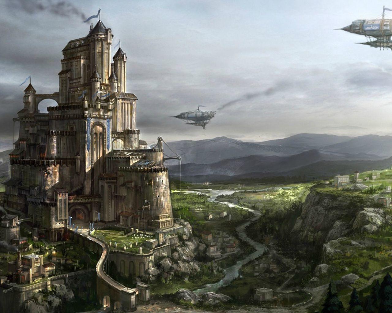 1280x1024 beautiful steampunk wallpaper. Fond d'écran steampunk, Paysage fantastique, Château fantastique