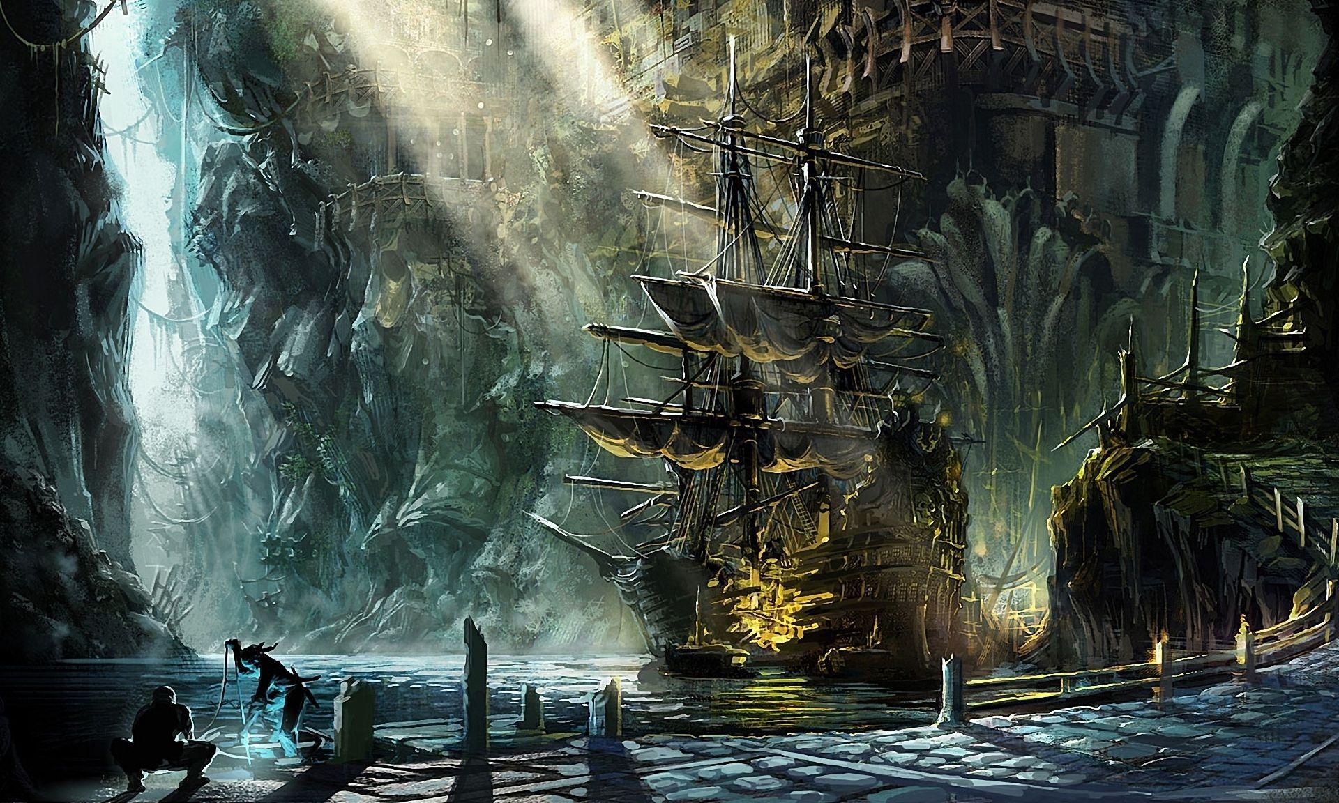 1920x1152 Fantasy ship pirate magic cities harbor bay sunlight beam ray art people wallpaperx1152