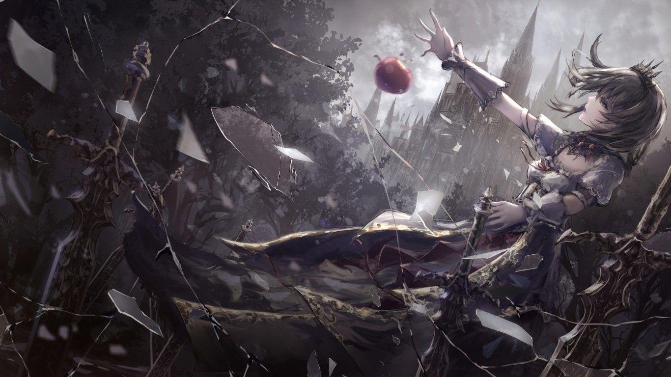 1366x768 Download 1366x768 Anime Girl, Dark Theme, Apple, Sword Wallpaper