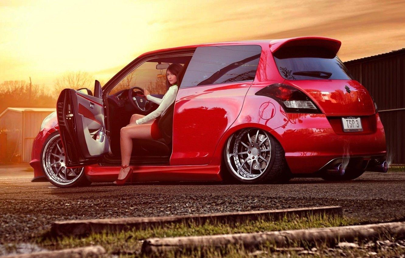 1332x850 Wallpaper look, tuning, Girls, Suzuki, beautiful girl, red car