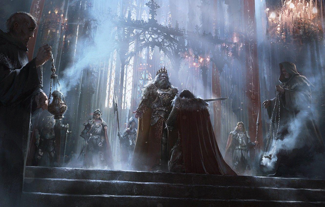 1332x850 Wallpaper fantasy, ritual, monk, hall, knight, Kingdom, the middle ages, king, coronation image for desktop, section живопись