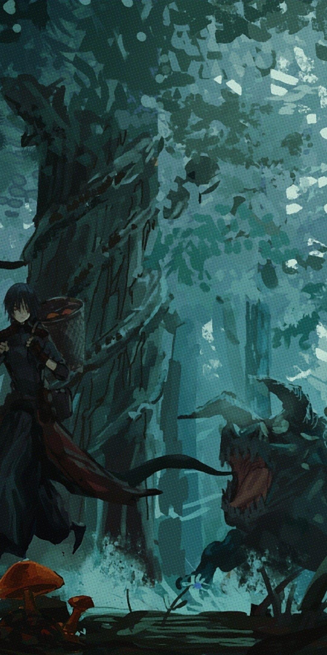 1080x2160 Download 1080x2160 Anime Boy, Running From Monsters, Forest, Trees, Mushrooms, Dark Wallpaper for Huawei Mate 10