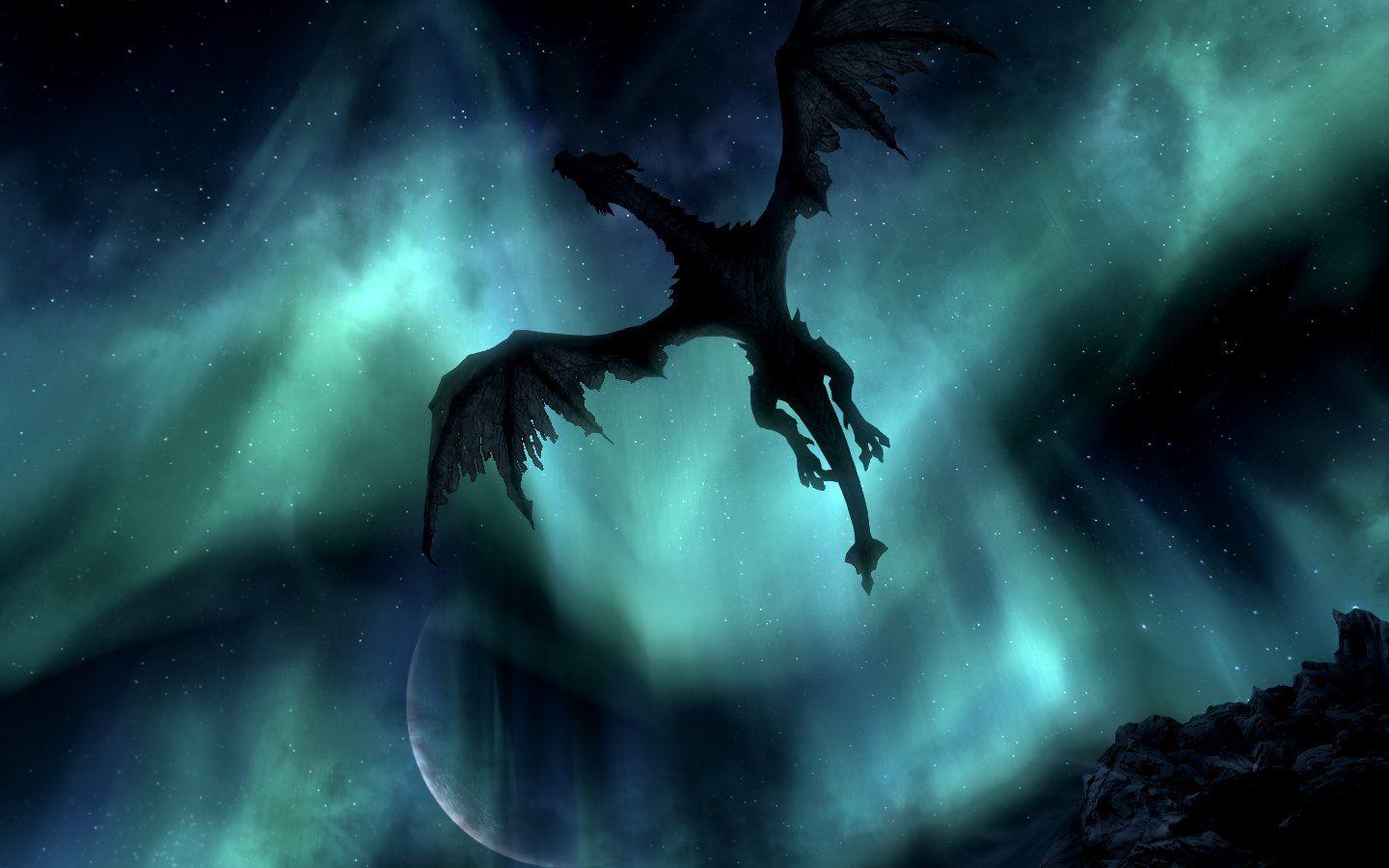 1440x900 The Elder Scrolls Skyrim Paarthurnax Moon Night Dragon Aurora