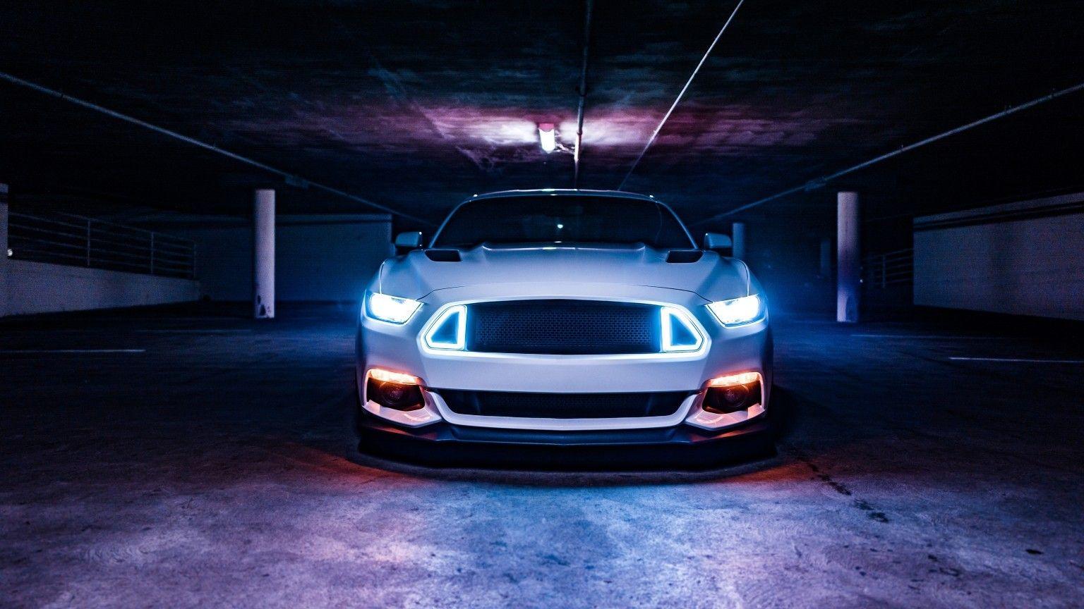 1536x864 Download 1536x864 Ford Mustang, Front View, Garage, Neon Lights