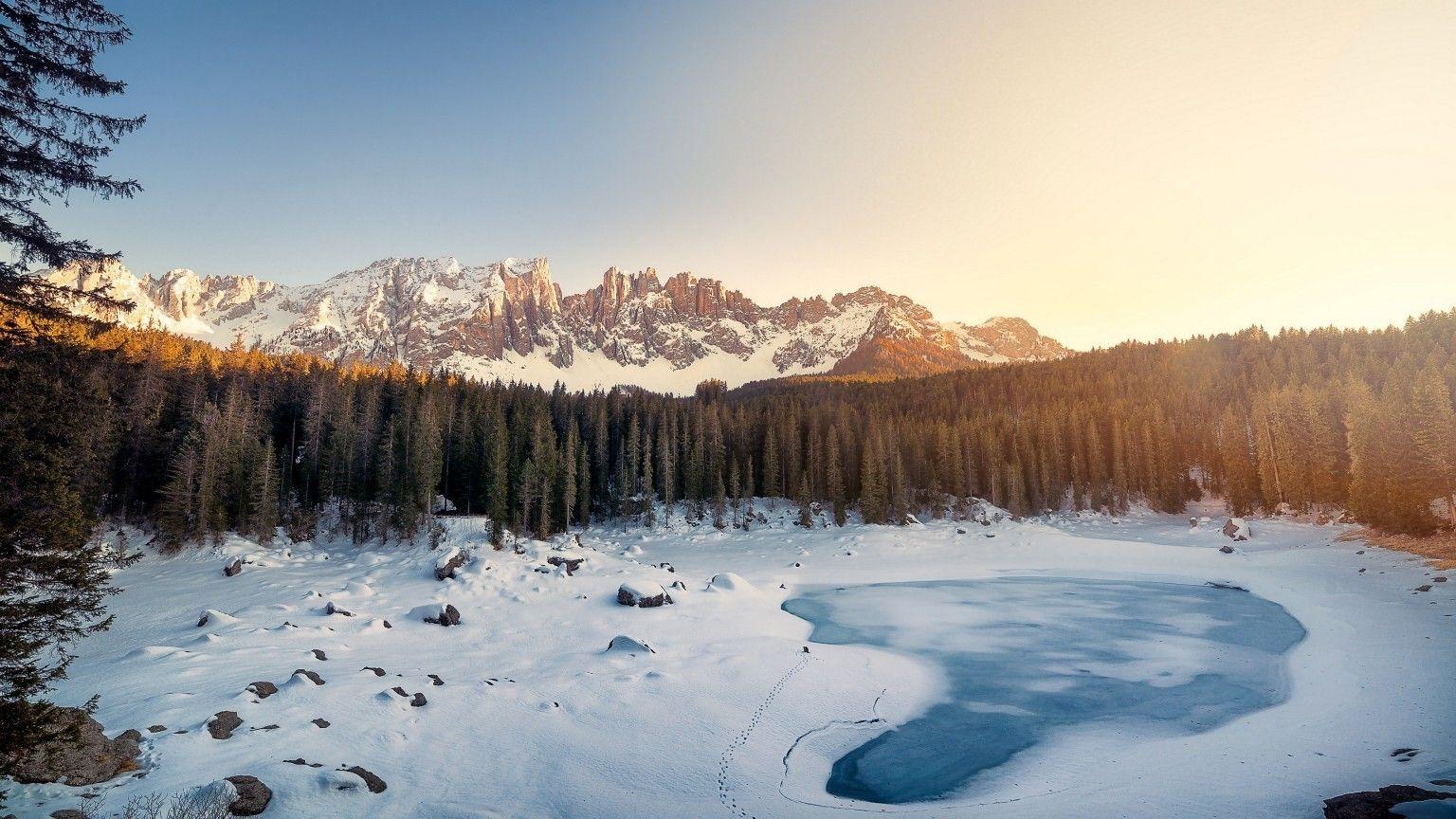 1536x864 Download 1536x864 Winter, Trees, Snow, Mountain, Sunlight, Rocks