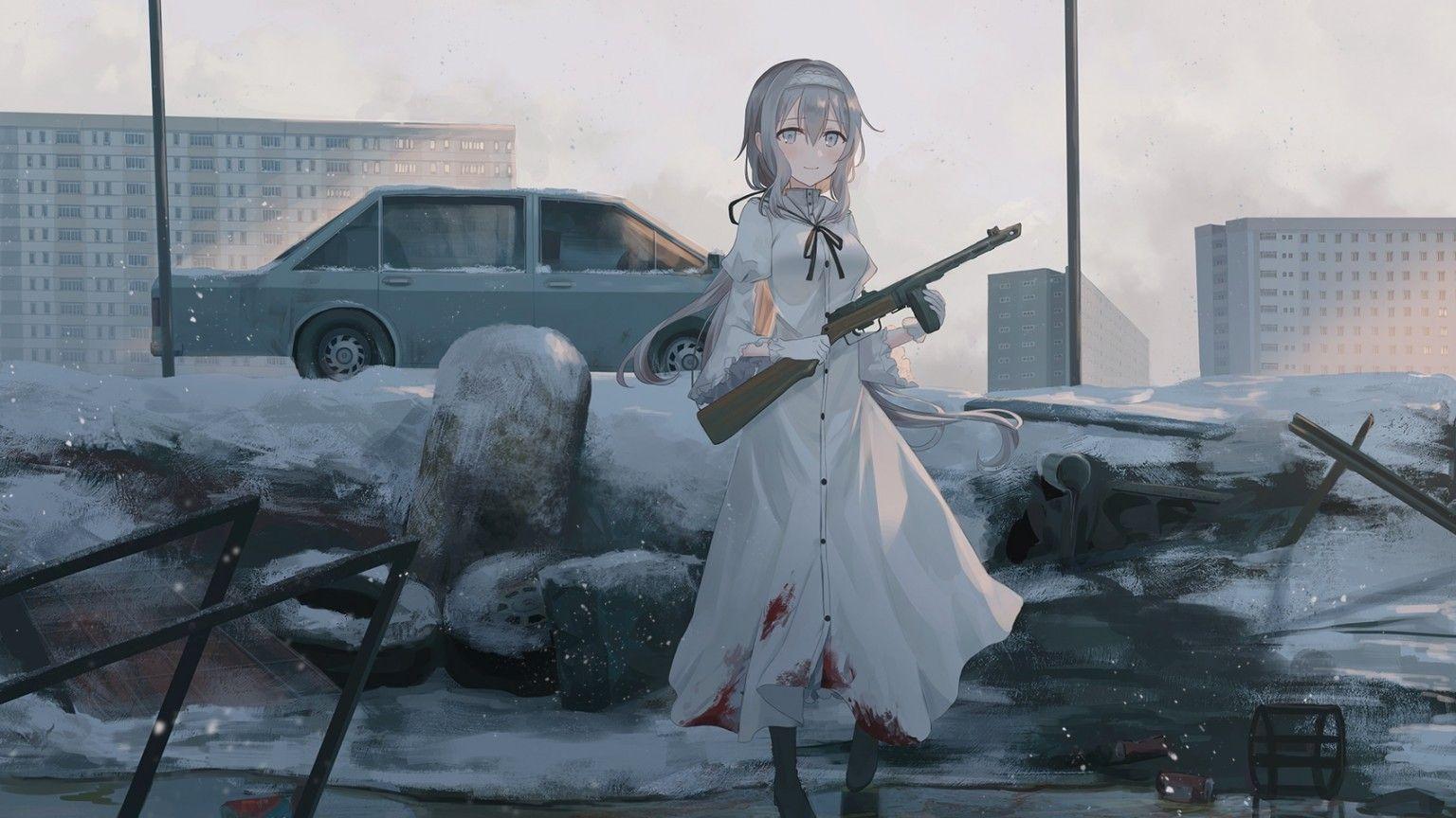 1536x864 Download 1536x864 Anime Girl, White Coat, Boots, Snow, Winter