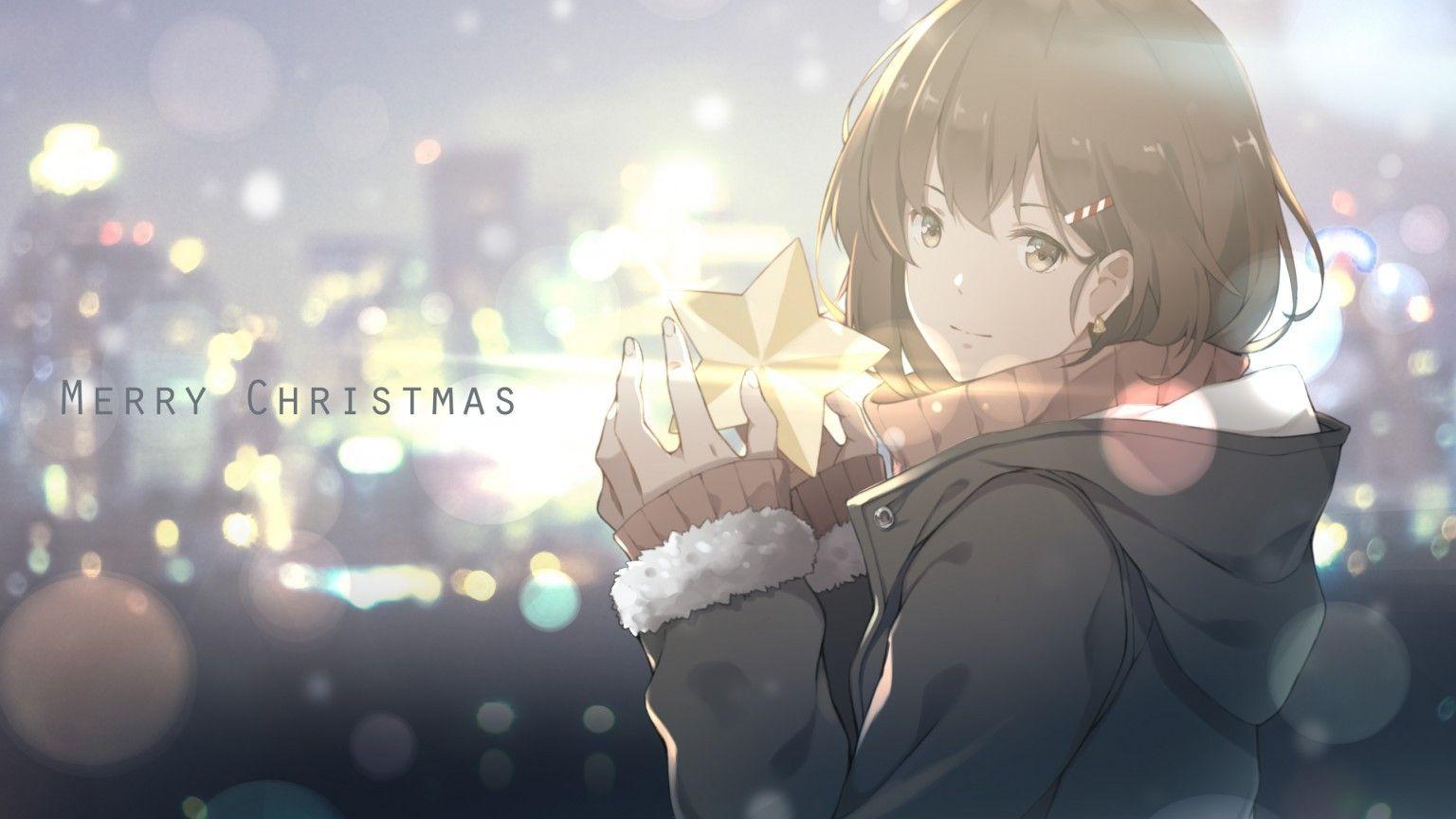 1536x864 Download 1536x864 Anime Girl, Merry Christmas, Winter, Star