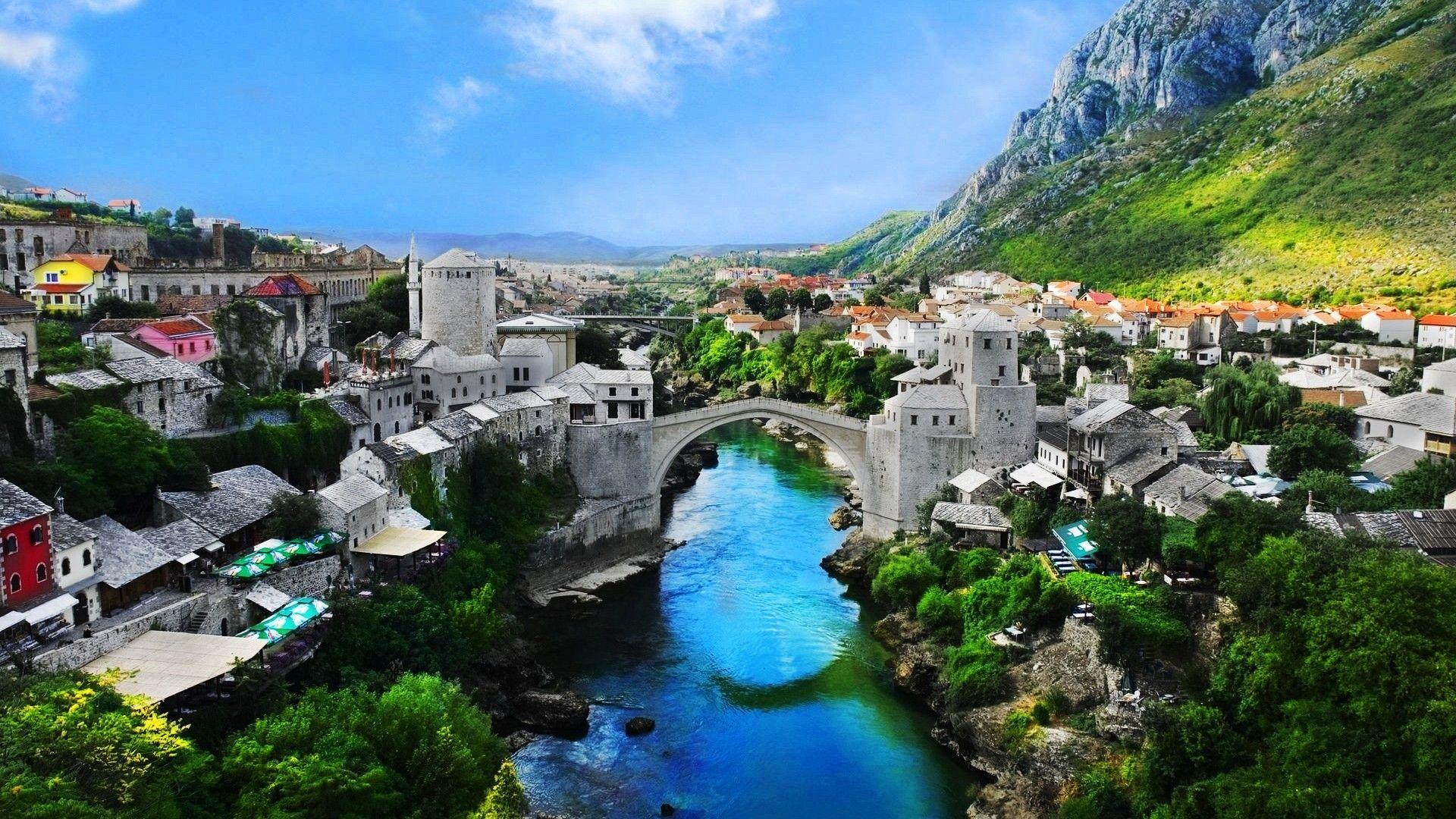 1920x1080 Wallpaper Stari Most, Mostar, Bosnia and Herzegovina, village, city