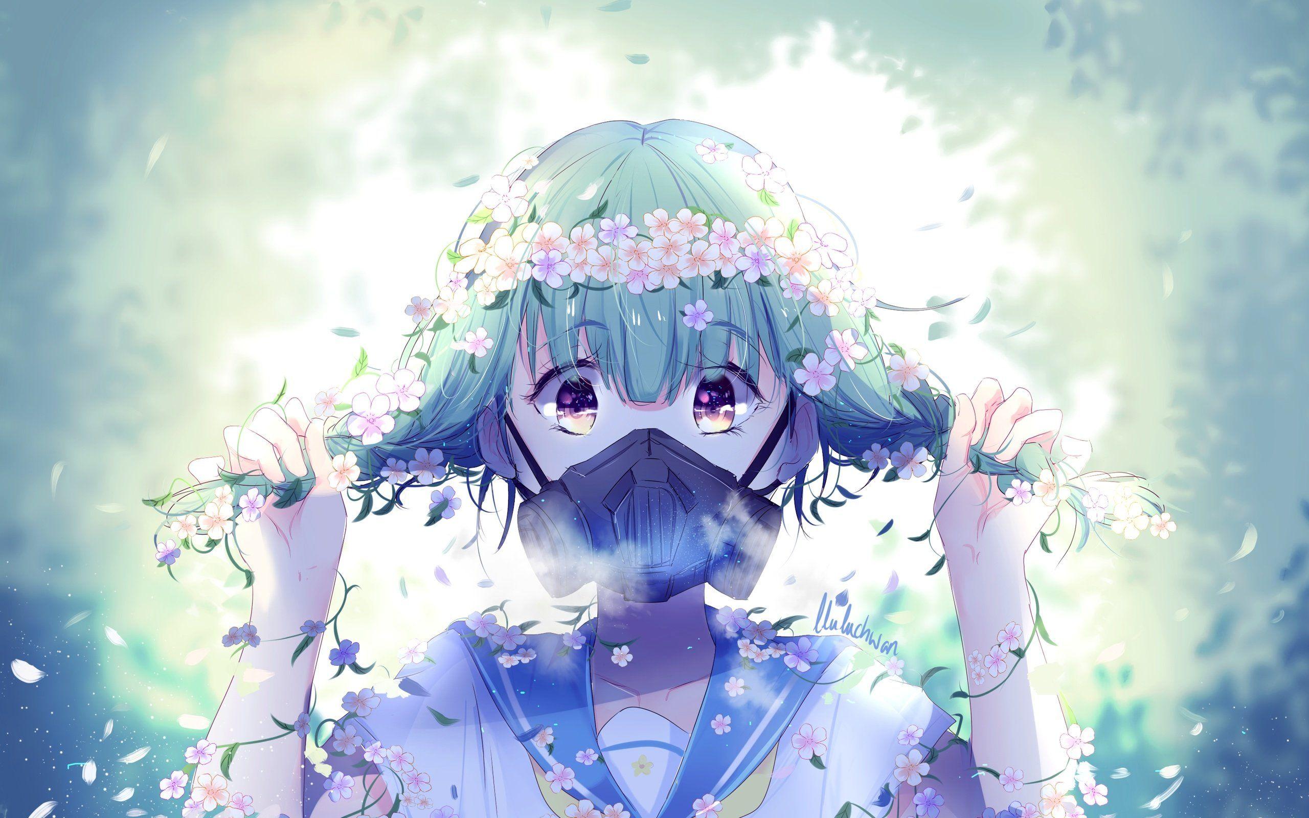 2560x1600 Wallpaper download flowers, gas mask, short hair, school uniform