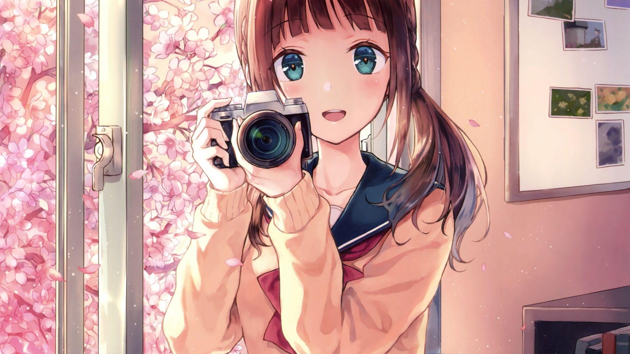 2048x1152 Download 2048x1152 wallpaper anime girl, camera, photography, dual