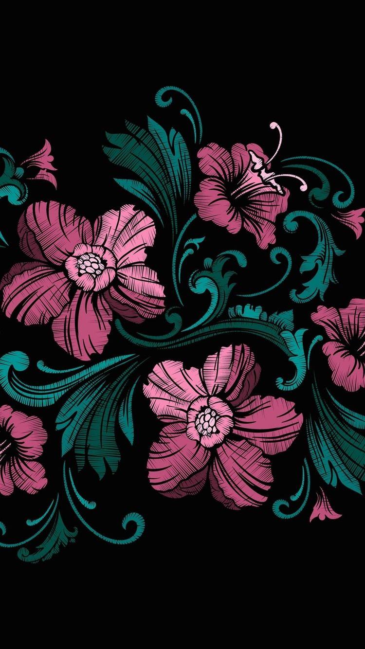 750x1334 Wallpaper Pink flowers, black background, art picture 1920x1440 HD