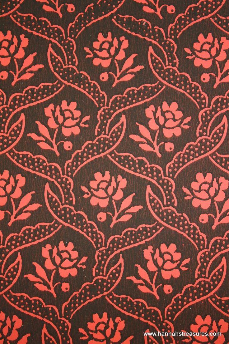 736x1102 1940's Vintage Wallpaper Black lacy lattice with Red flowers