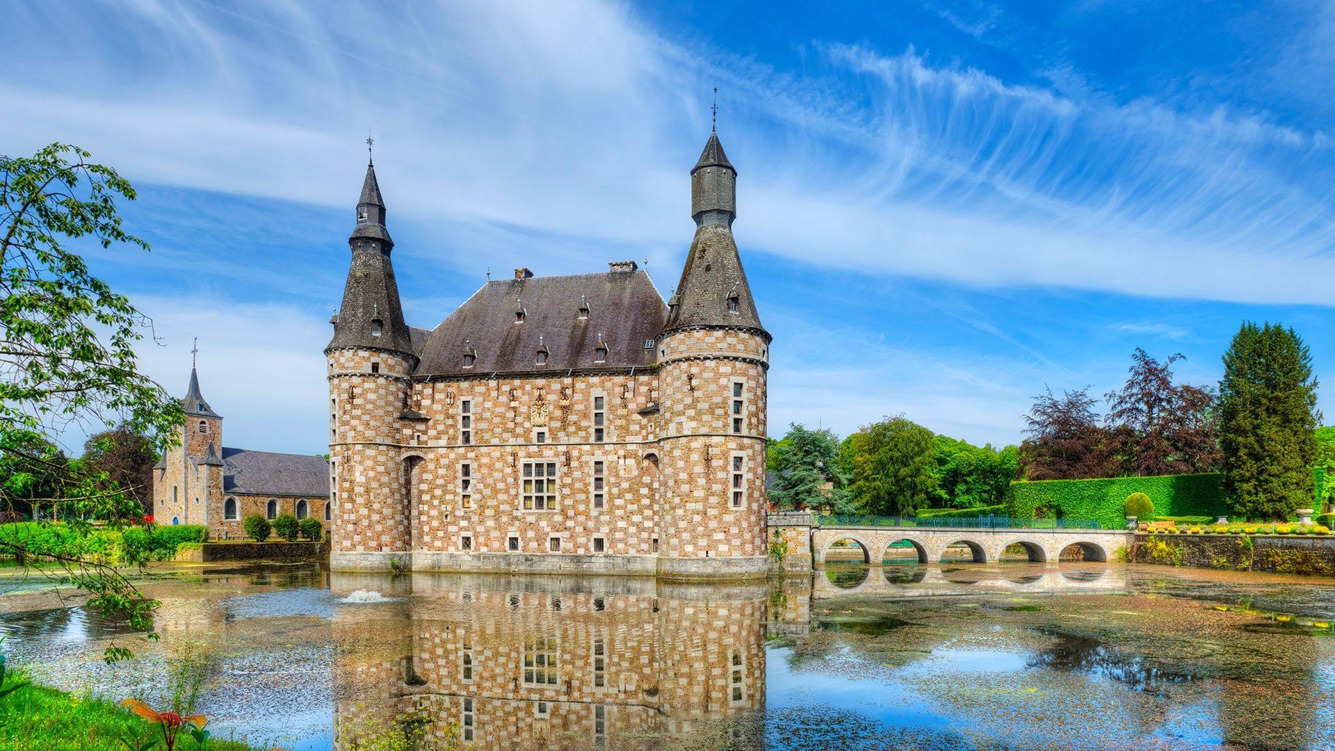 1920x1080 Moated Jehay Castle in Amay, Province of Liege, Wallonia, Belgium. Windows Spotlight Image