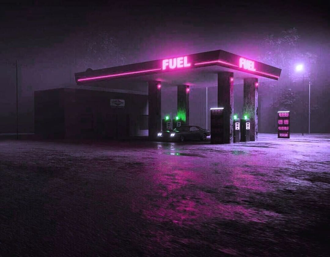 1080x843 Retrowave Gas Station Wallpaper