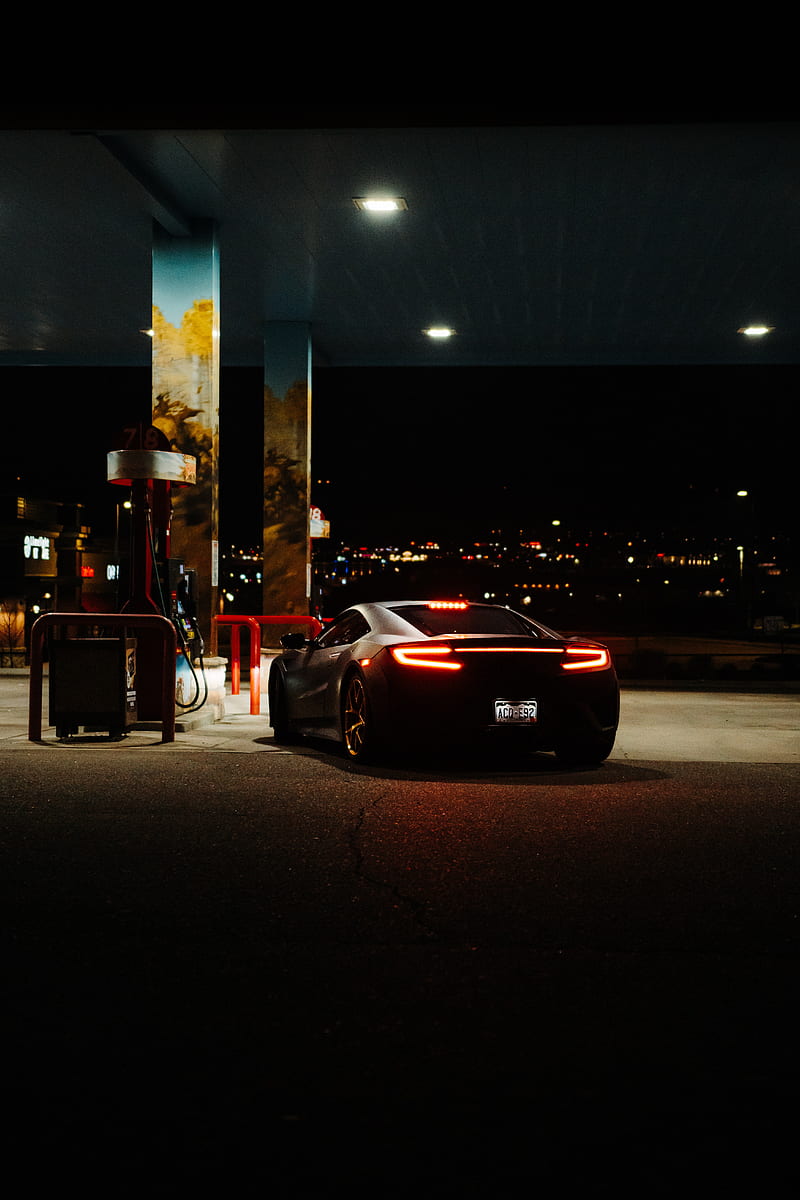 800x1200 Car, black, lights, back view, gas station, HD phone wallpaper