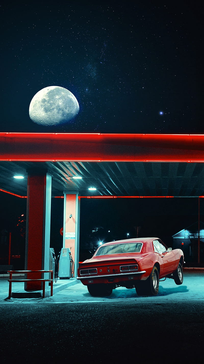 800x1422 Super red car, moon, stars, gas station, red car, 3D, night, HD phone wallpaper