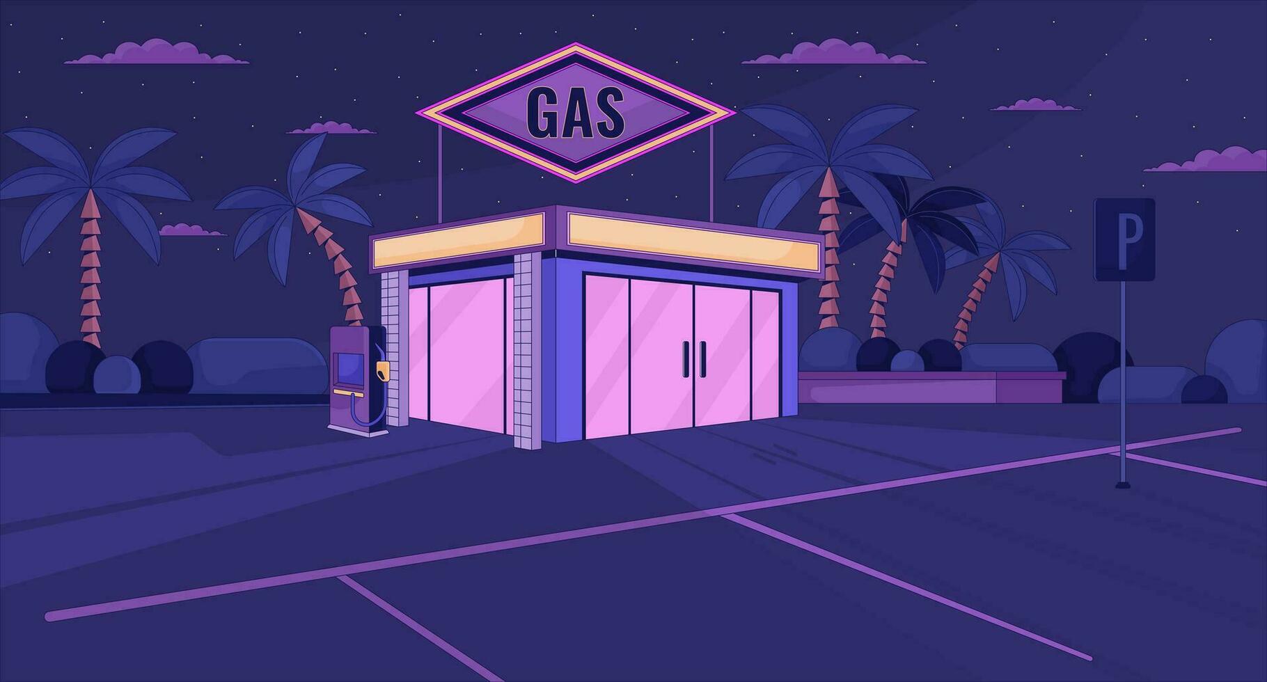 1820x980 Gas station convenience store nighttime lofi wallpaper. Midnight petrol station shop 2D cityscape cartoon flat illustration. Deserted night scene chill vector art, lo fi aesthetic colorful background