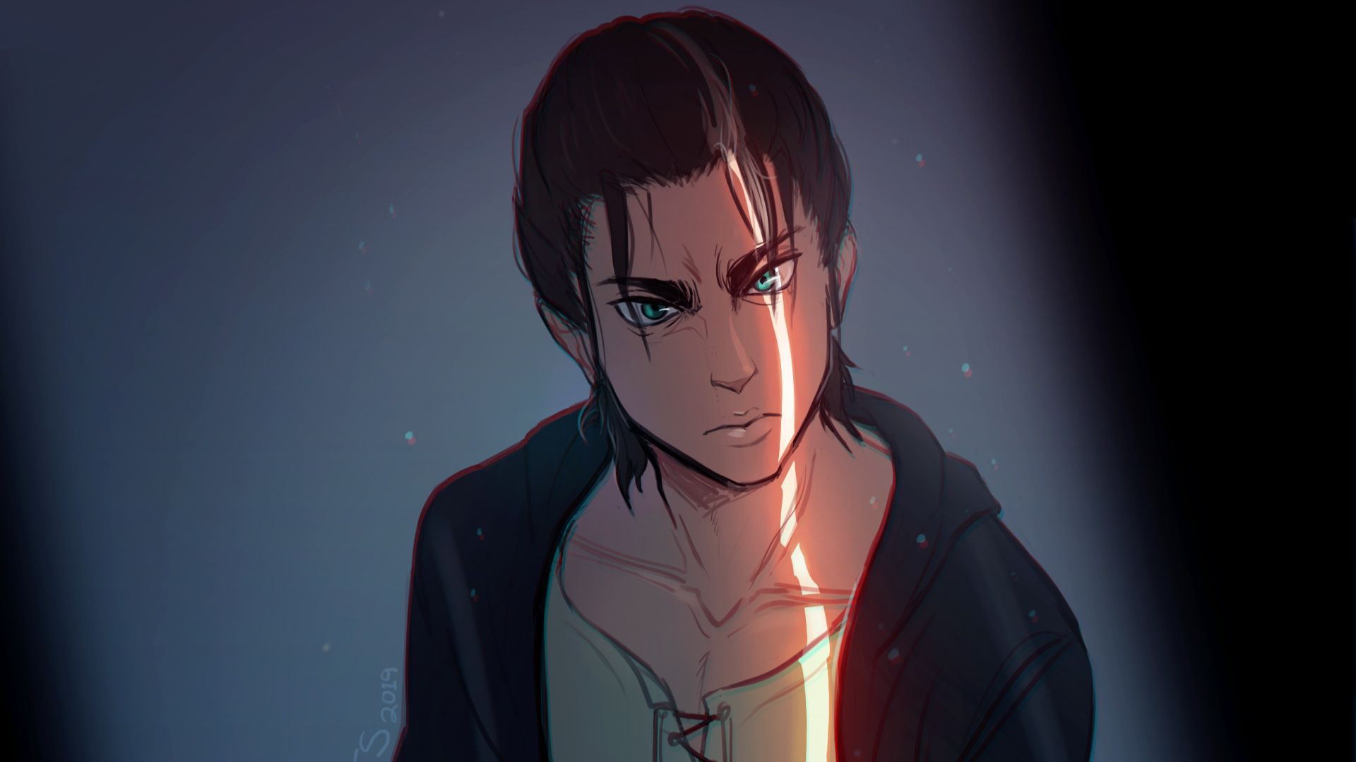 1920x1080 Attack On Titan Eren Yeager With Sun Lighting Like A Line On One Side With Background Of Gray And Black HD Anime Wallpaper