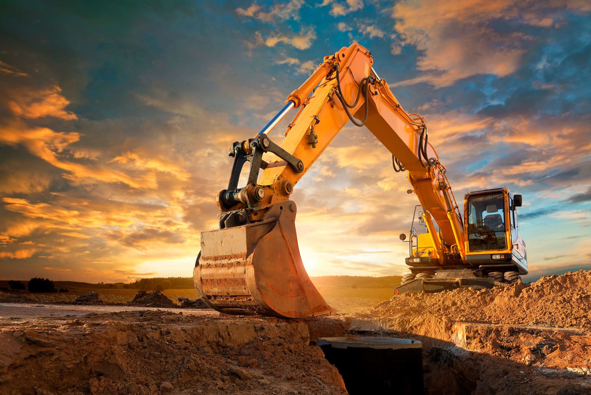 2000x1335 Construction sites photo wallpaper excavator at sunset on mother of pearl smooth fleece