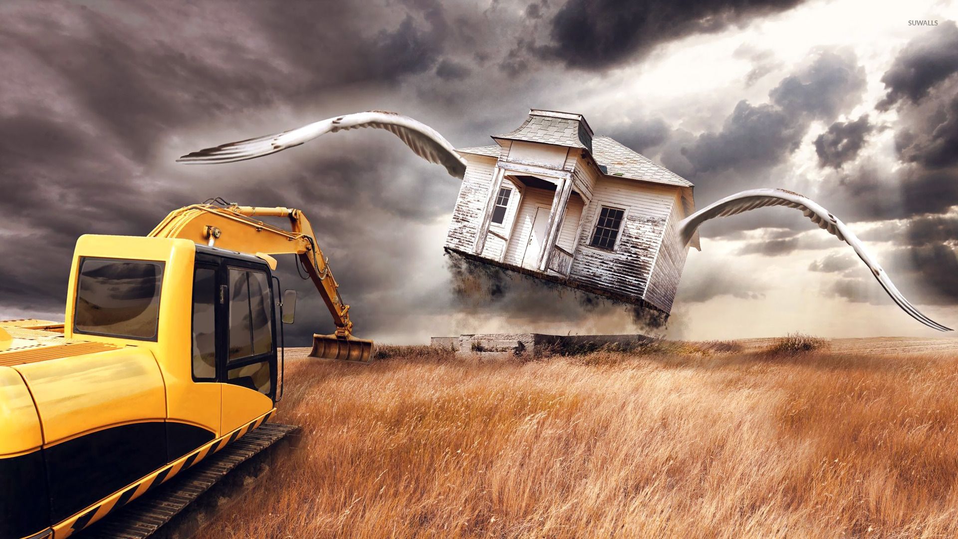 1920x1080 Excavator and a house with wings wallpaper wallpaper