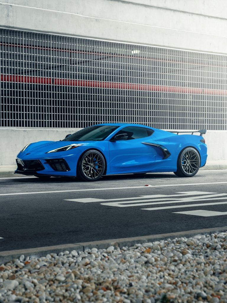 768x1024 Chevrolet Corvette C8 Wallpaper 4K, Blue, Tarmac, 5K