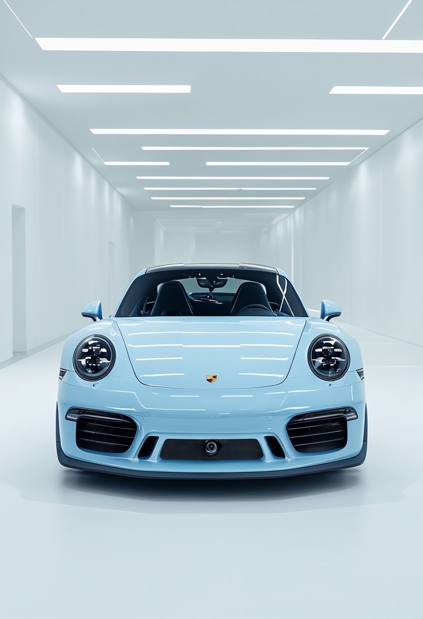 832x1216 Sleek Light Blue Porsche in Minimalist Indoor Setting Poster