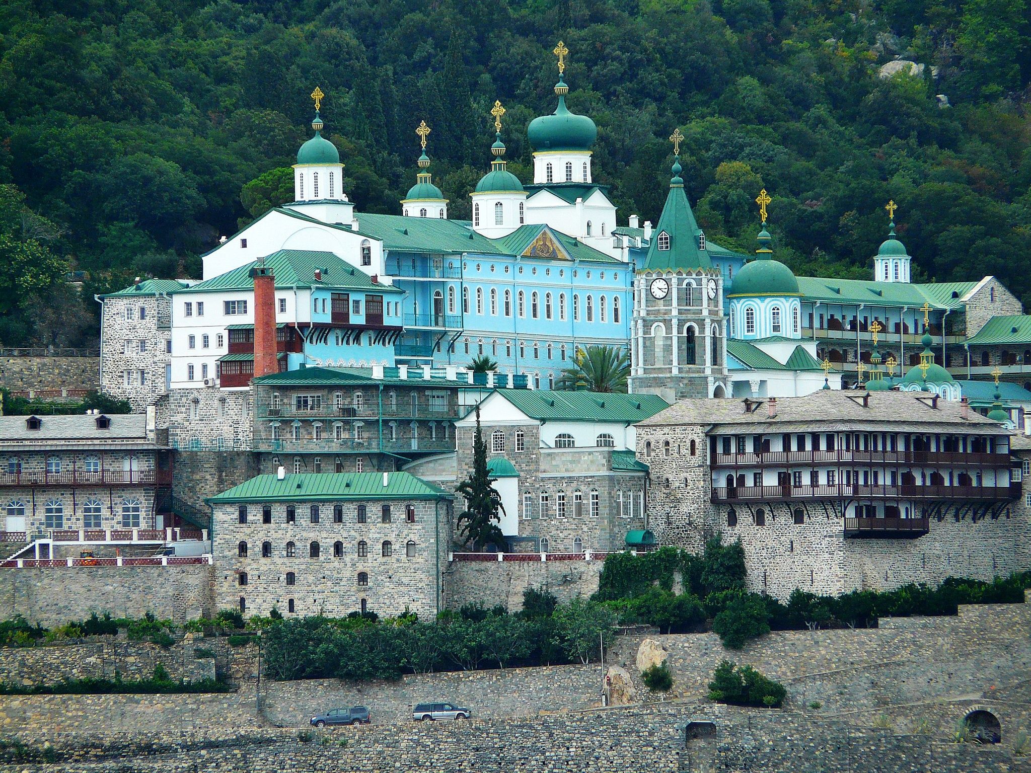 2048x1536 Wallpaper wall, Greece, Cathedral, temple, the dome, the monastery, Athos Monastery of St. Panteleimon for mobile and desktop, section город, resolution 2048x1536