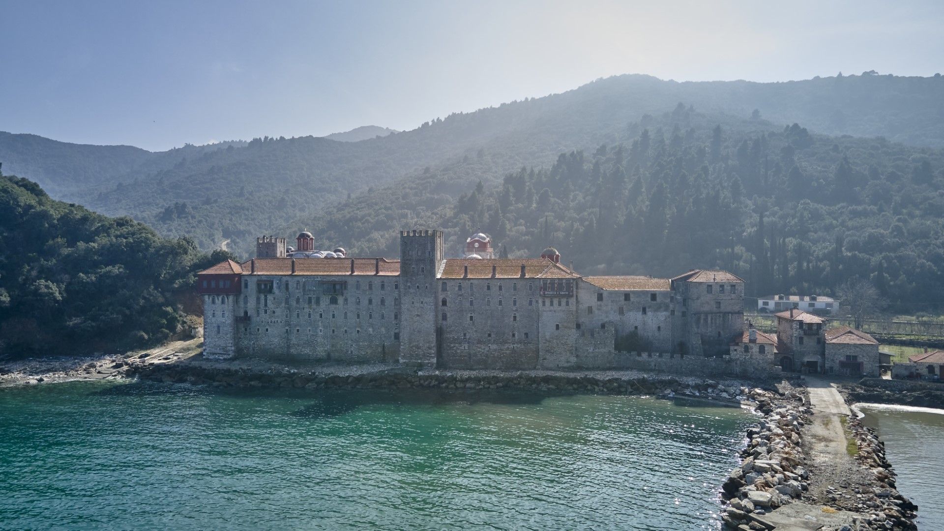 1920x1080 – drone image in the northern part of Mt Athos, part one: Esfigmenou