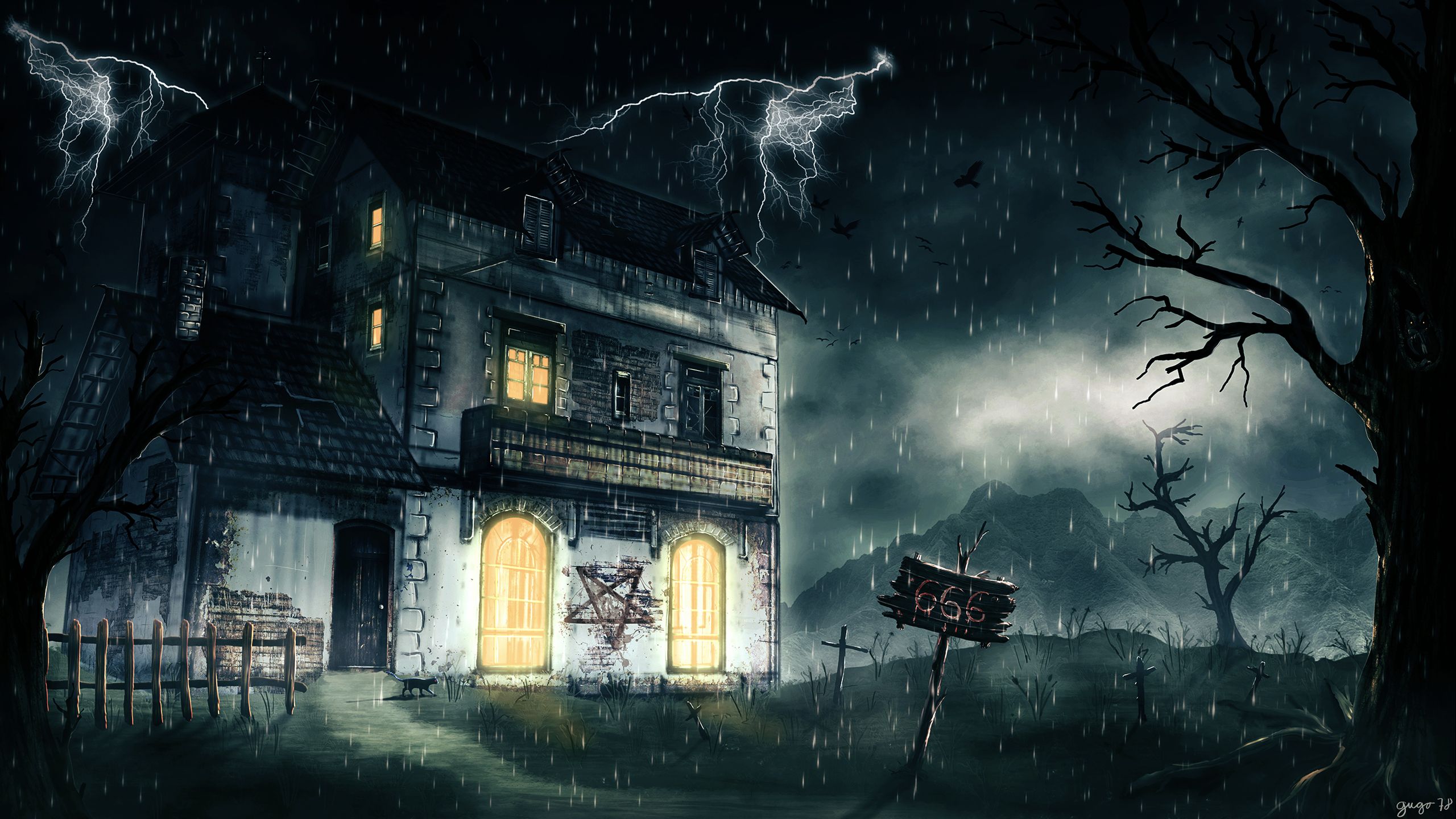 2560x1440 Phone wallpaper: Night, Rain, Dark, House, Lightning, Pentagram 736039