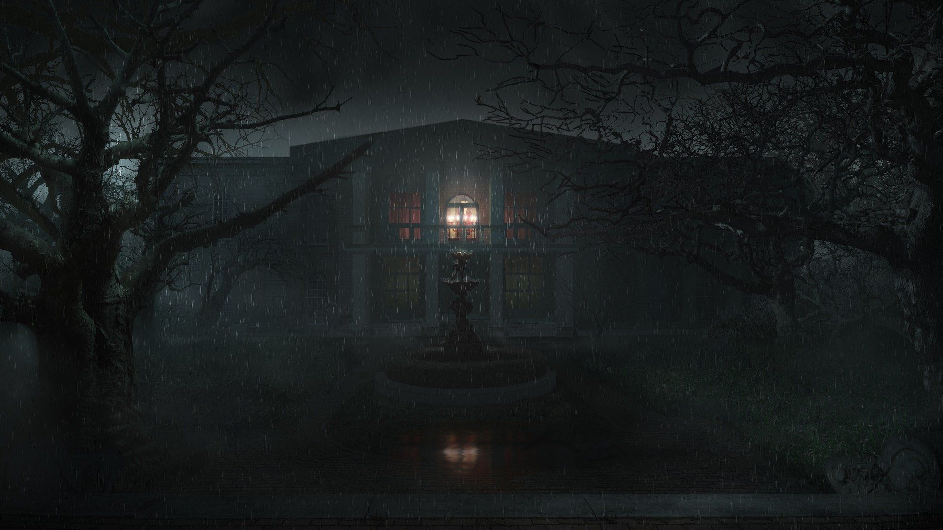 1920x1080 Midnight Rainfall by the Dark House Fountain