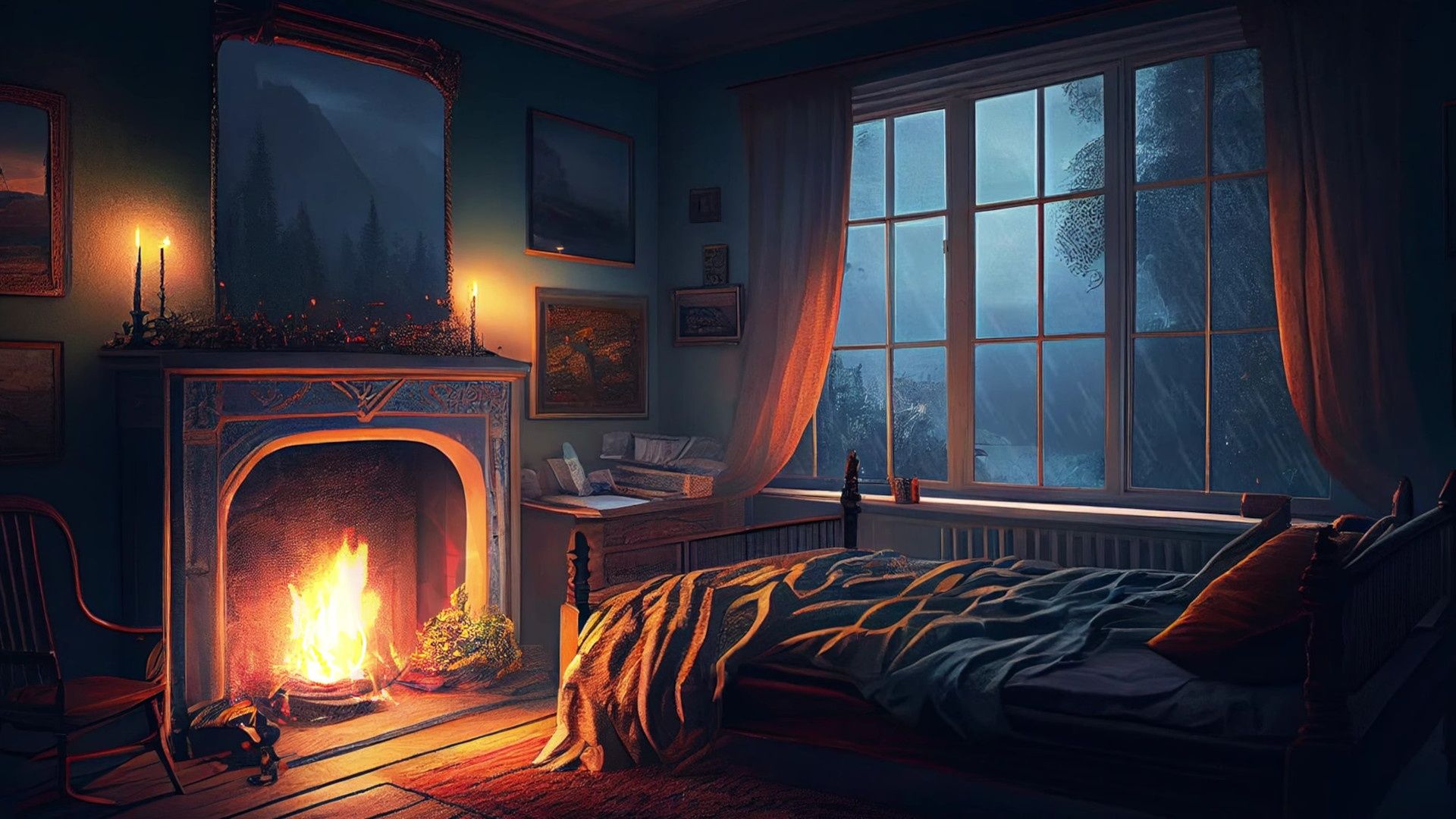 1920x1080 Wallpaper house, rain, bedroom, fireplace for mobile and desktop, section интерьер, resolution 1920x1080