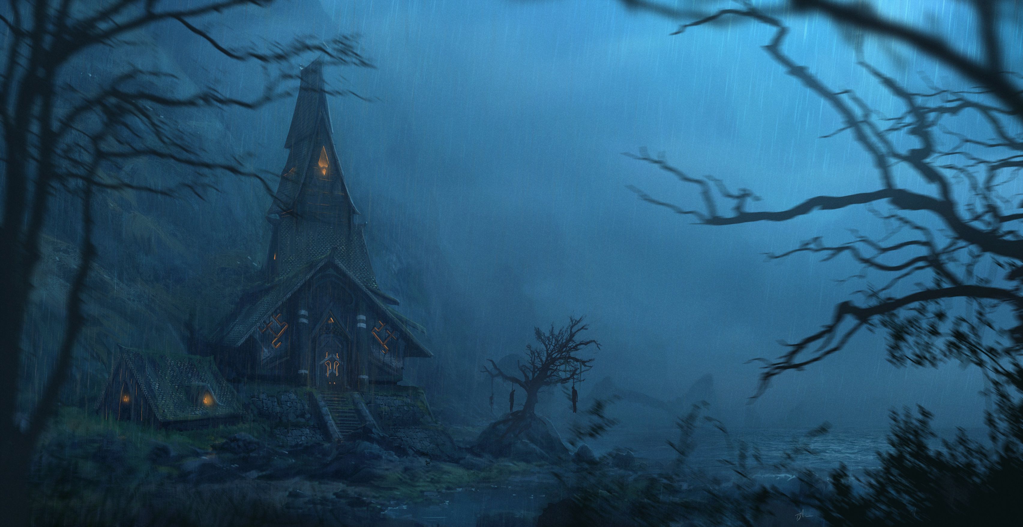 3410x1758 Desktop wallpaper: Dark, Rain, House, Night 4K free download for PC. 928388