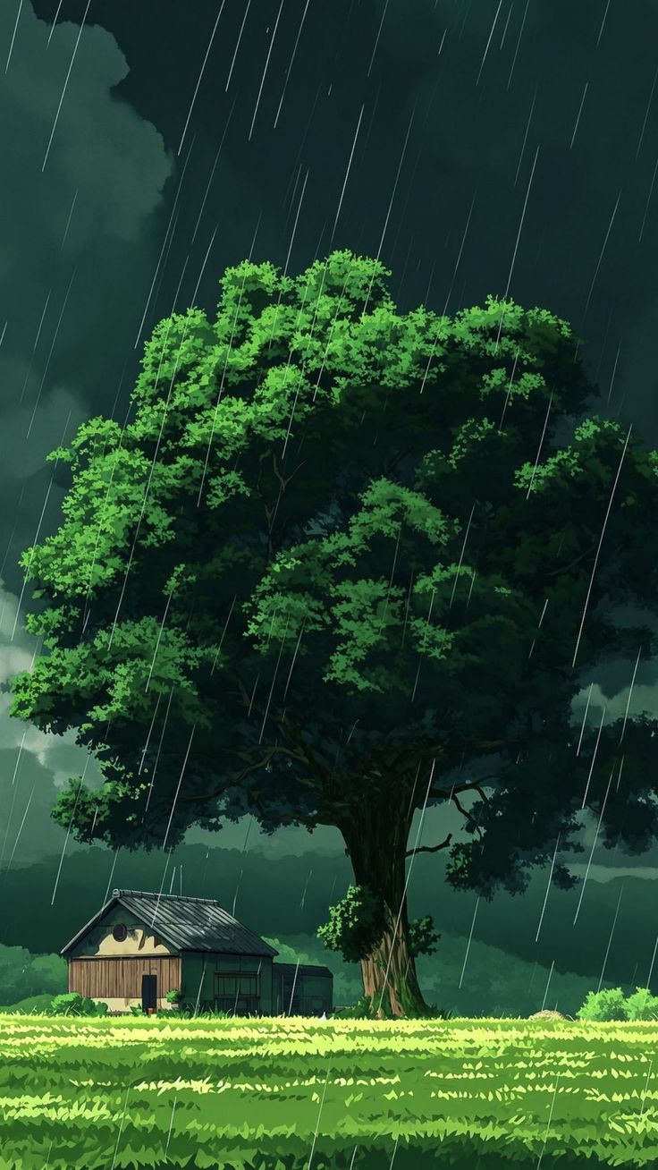 736x1308 free wallpaper 4K rain, house, tree, green for mobile and desktop