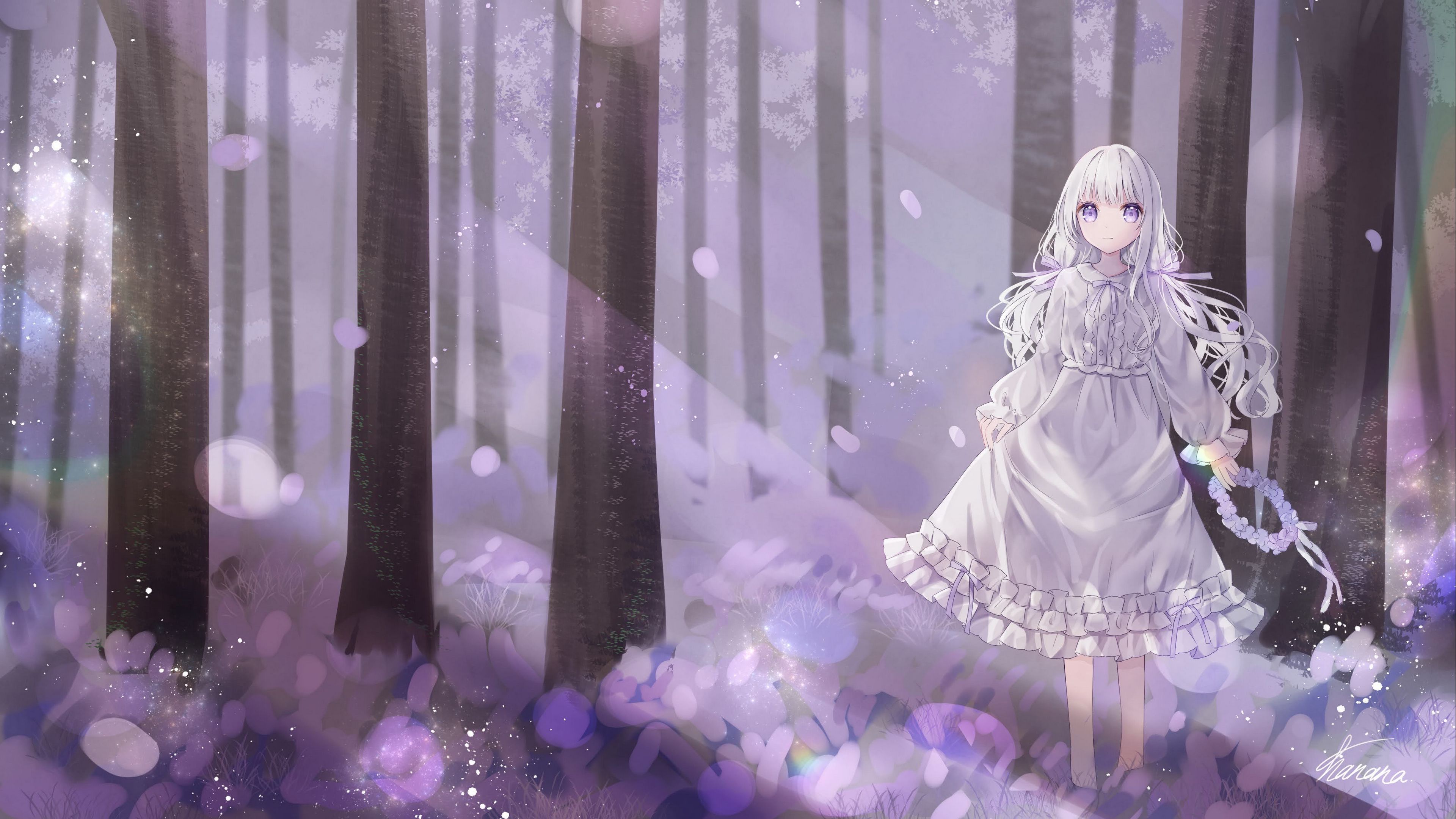 3840x2160 Light Purple Eyes White Hair Anime Girl Forest Background 4K HD Anime Girl Wallpaper