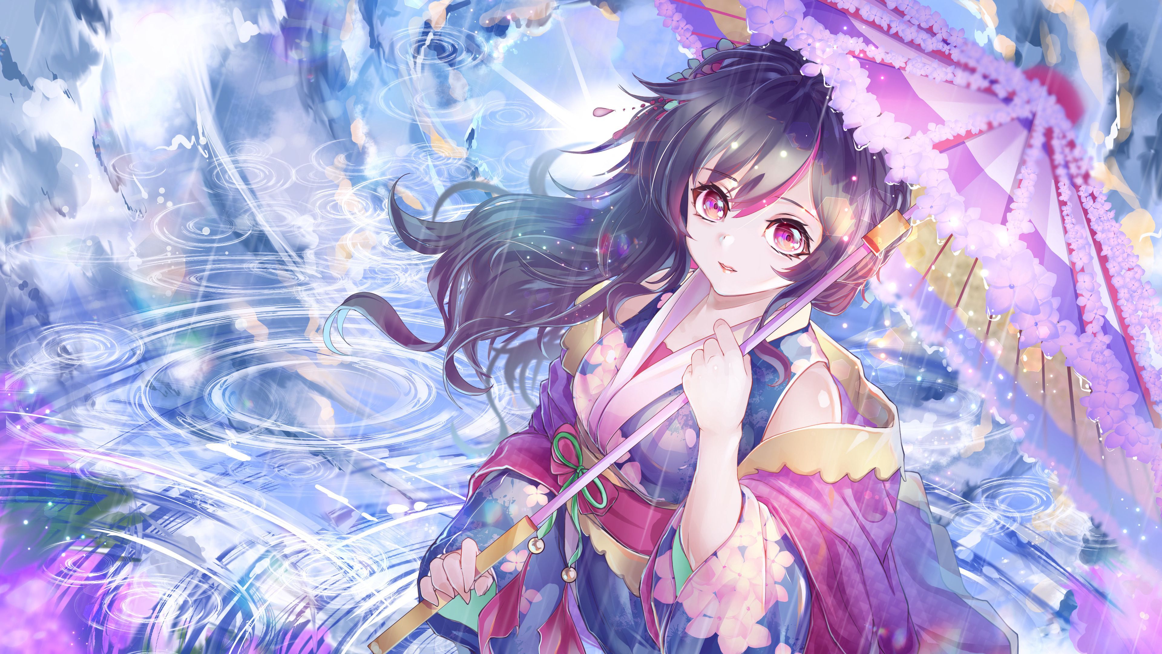 3840x2160 Purple Eyes Anime Girl Kimono Light Purple Umbrella 4K HD Anime Girl Wallpaper