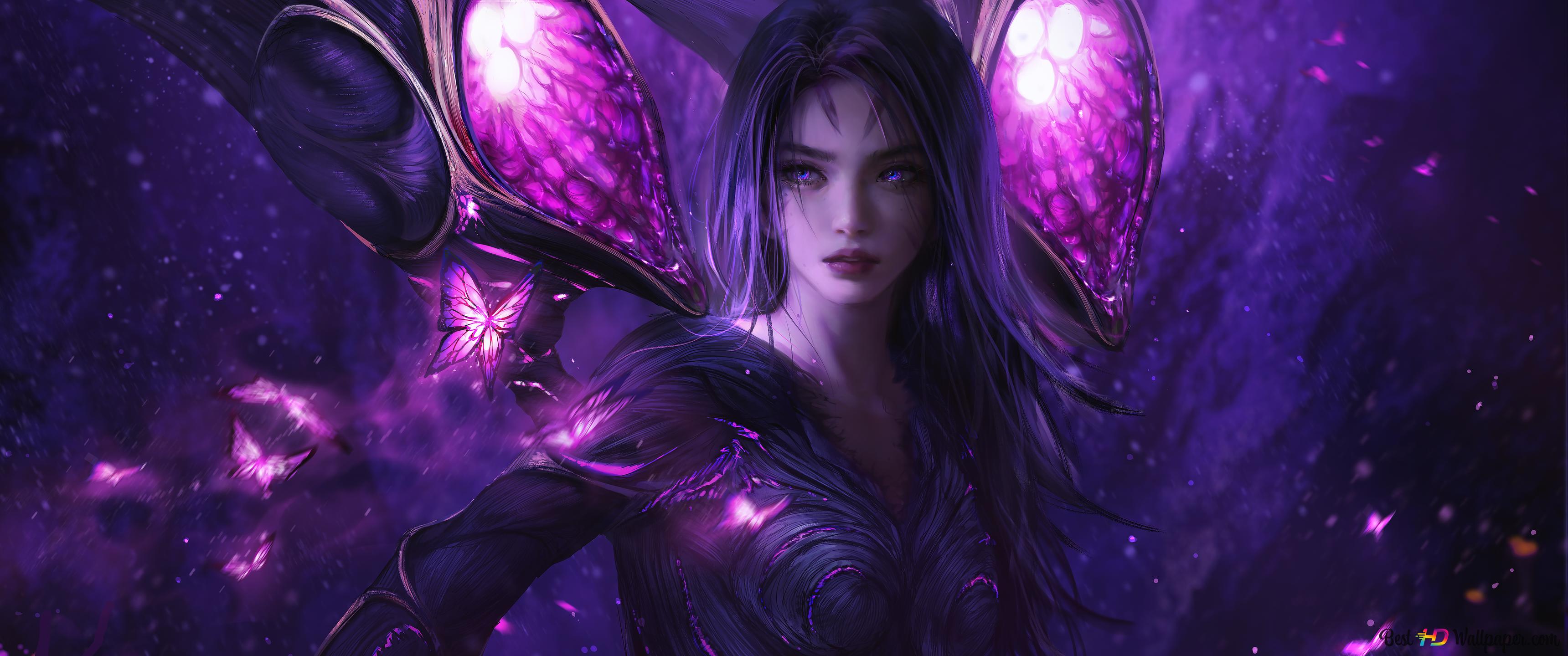 3440x1440 League of Legends anime female character in purple light field 6K wallpaper download