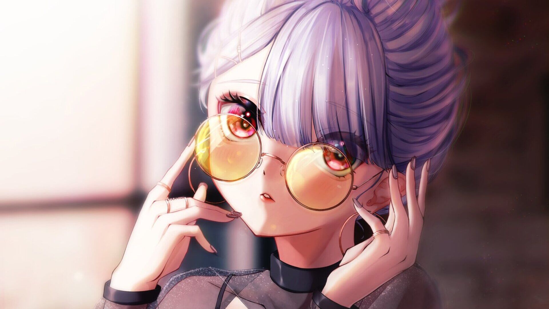 1920x1080 Light Purple Hair Anime Girl With Specs HD Anime Girl Wallpaper
