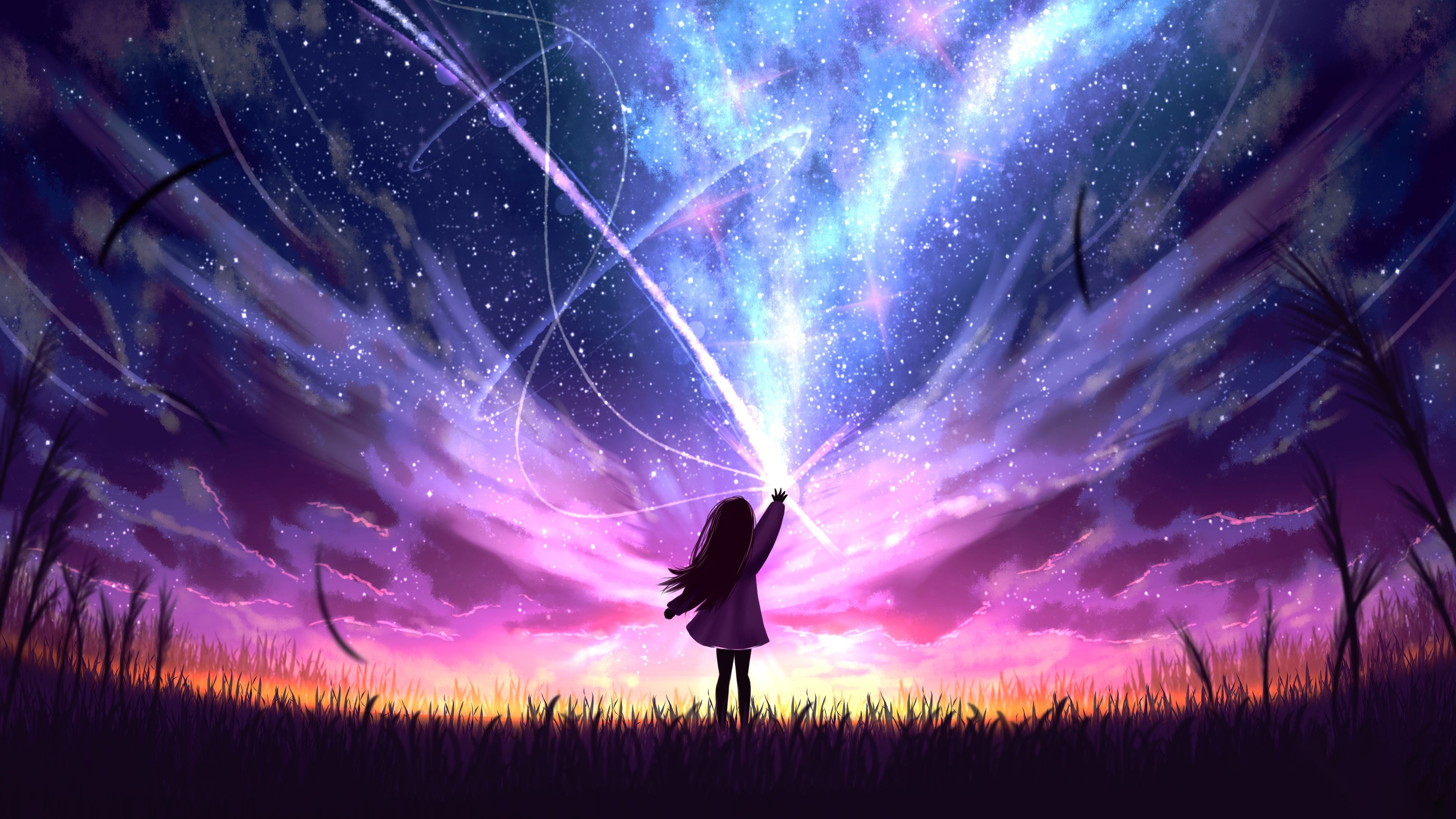 3840x2160 Anime Little Girl In Field With Cosmic Light Burst Wallpaper, HD Artist Wallpaper, 4k Wallpaper, Image, Background, Photos and Picture