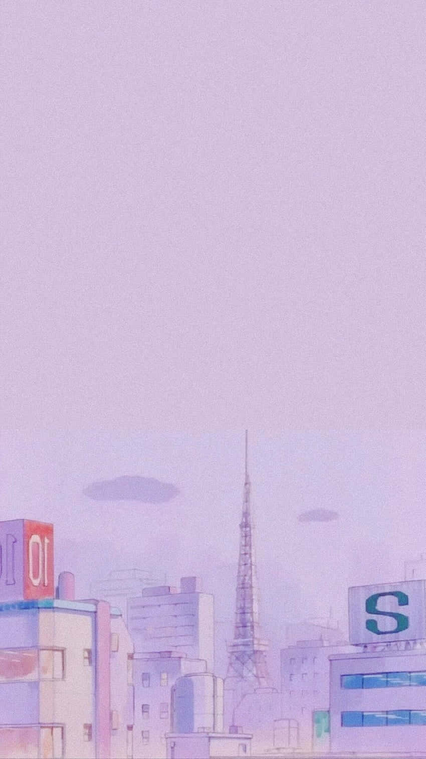 850x1513 Download free A Purple Background With A City And A Tower Wallpaper