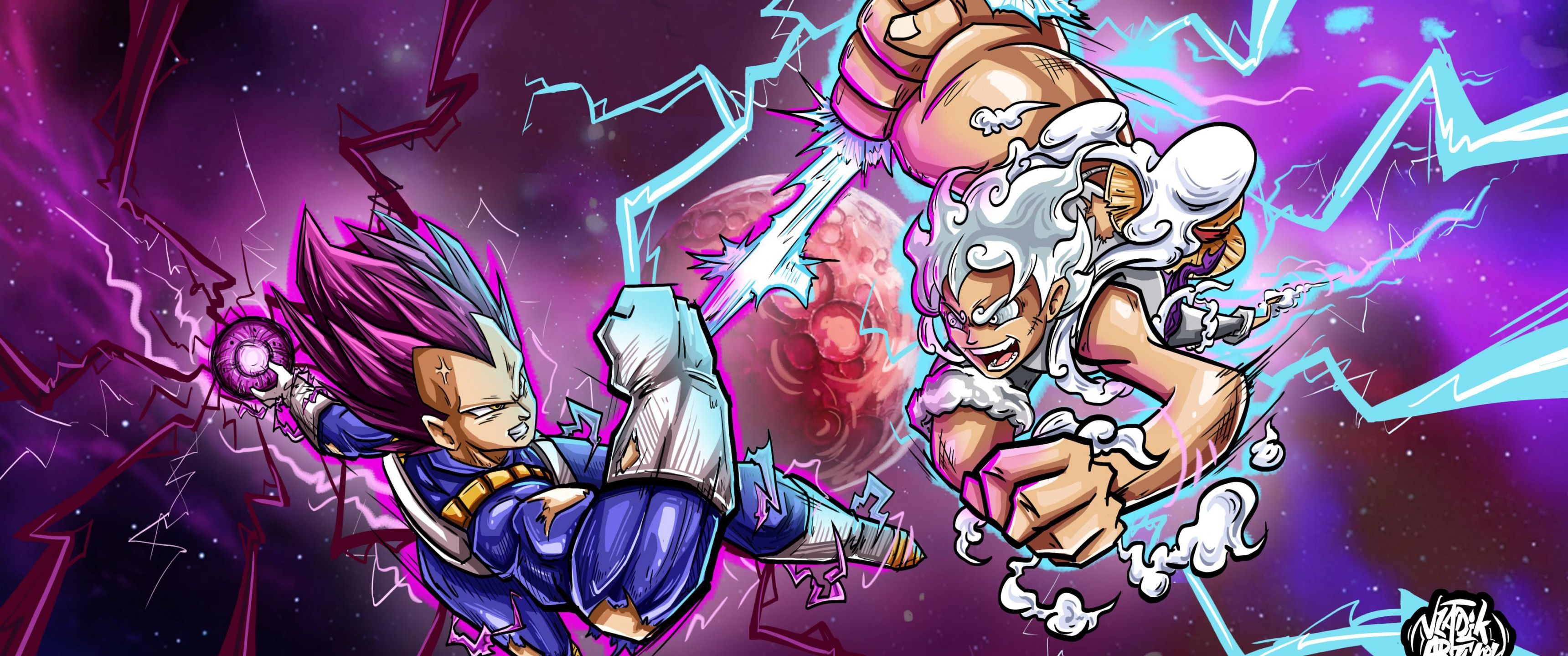 3440x1440 Vegeta Ultra Ego vs Luffy Gear 5 4K Wallpaper