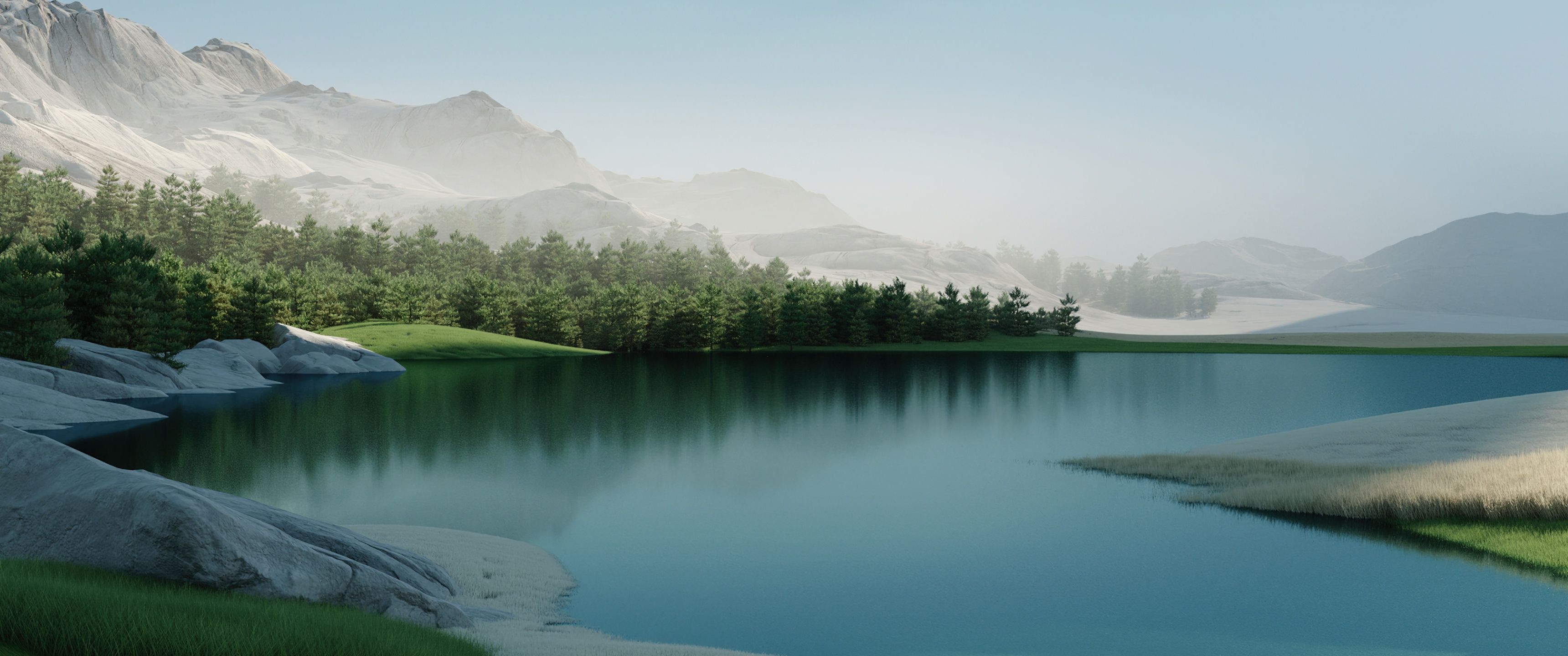 3440x1440 Landscape Wallpaper 4K, Windows Lake, Forest, Daytime