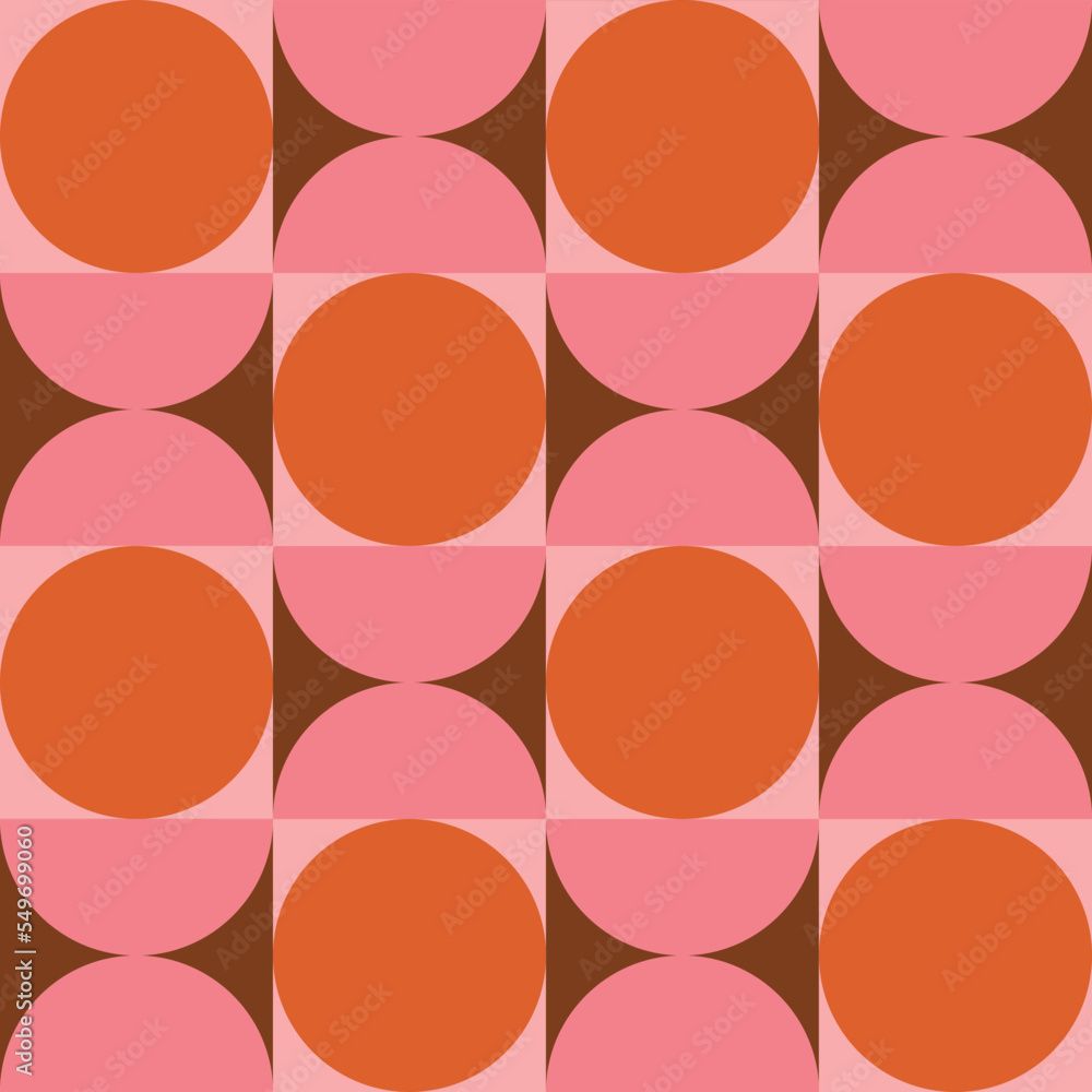 1000x1000 Mid Century modern orange circles and pink half circles seamless pattern. For home décor, posters and wallpaper Stock Vector