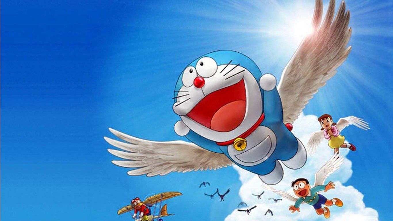 1366x768 Doraemon Nobita Shizuka Minamoto With Wings In Blue Sky Background HD Cartoon Wallpaper