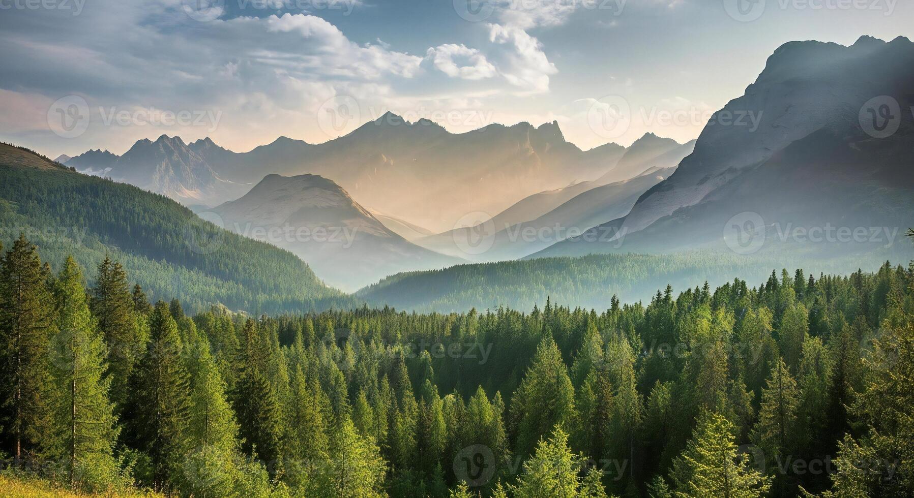 1797x980 Nature background, Nature wallpaper, Vast mountain range layered with evergreen forests under a hazy sun and cloudy sky