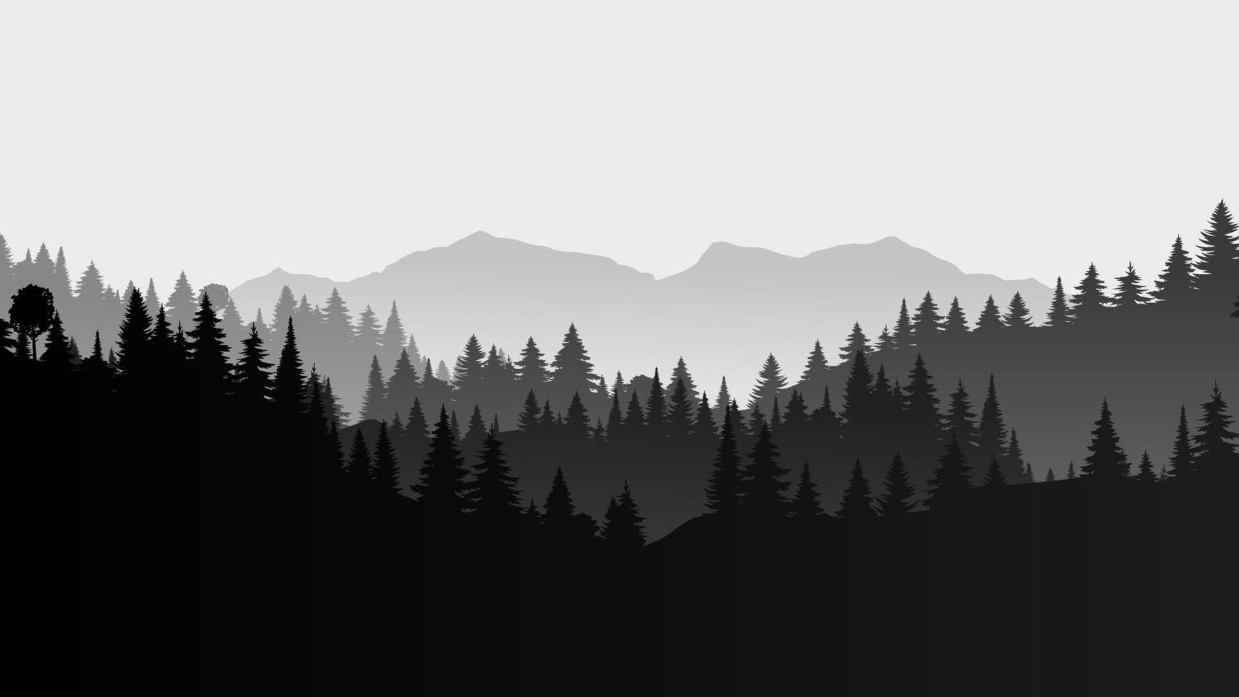1742x980 Silhouette landscape with fog, forest, pine trees, mountains. Illustration of national park view, mist. Black and white. Good for wallpaper, background, banner, cover, poster