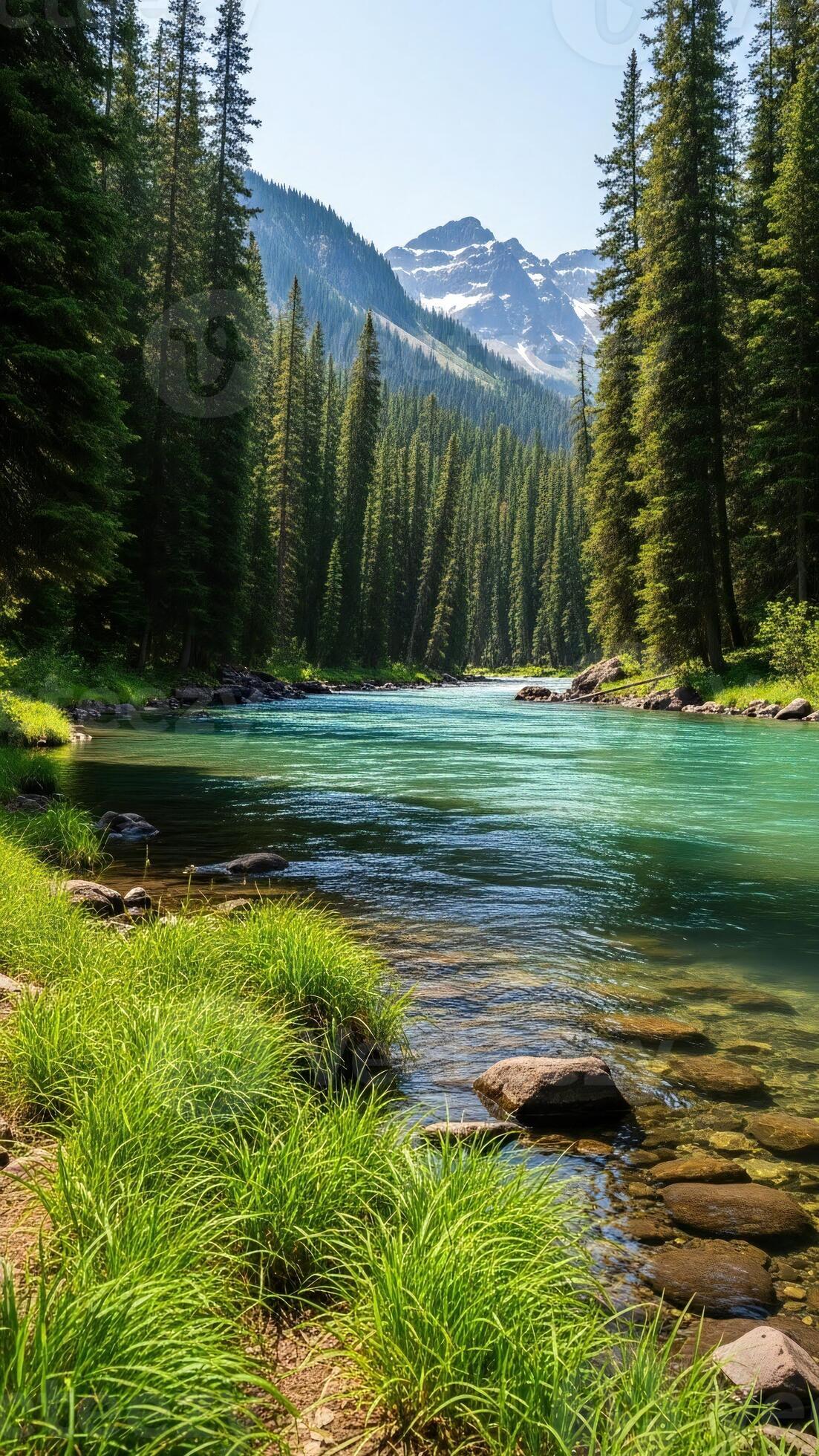 1103x1960 Nature wallpaper, Nature landscape, Serene mountain river with lush greenery