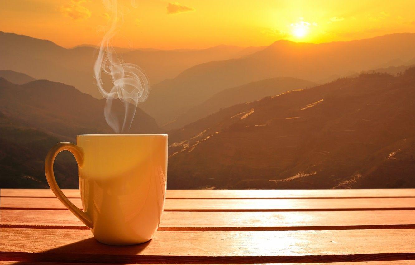 1332x850 Wallpaper the sun, dawn, coffee, morning, Cup, hot, coffee cup