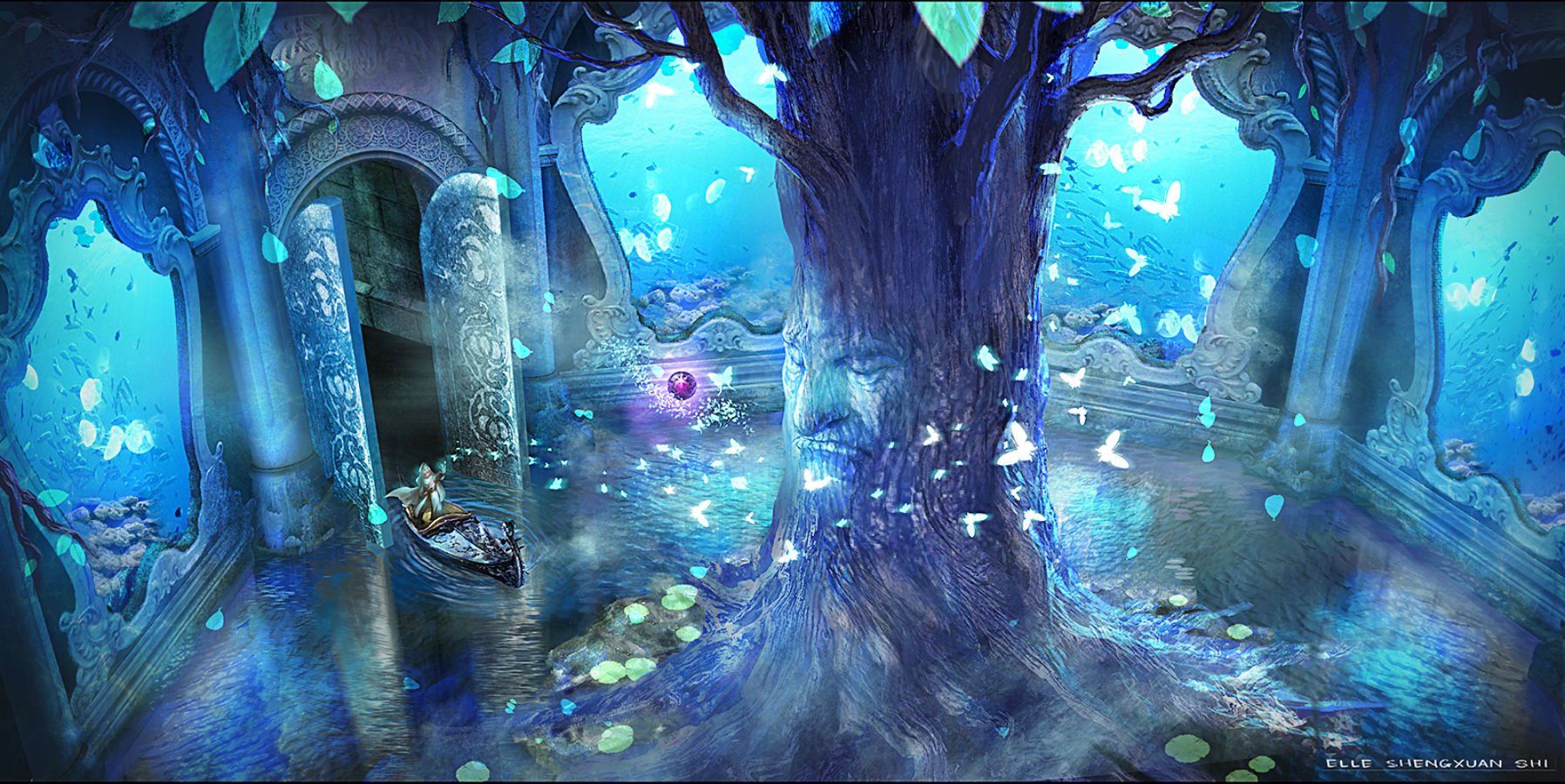 1796x900 blue, Boat, Butterfly, Lost, Elle, Original, Pixiv, Fantasia, Scenic, Tree, Water Wallpaper HD / Desktop and Mobile Background