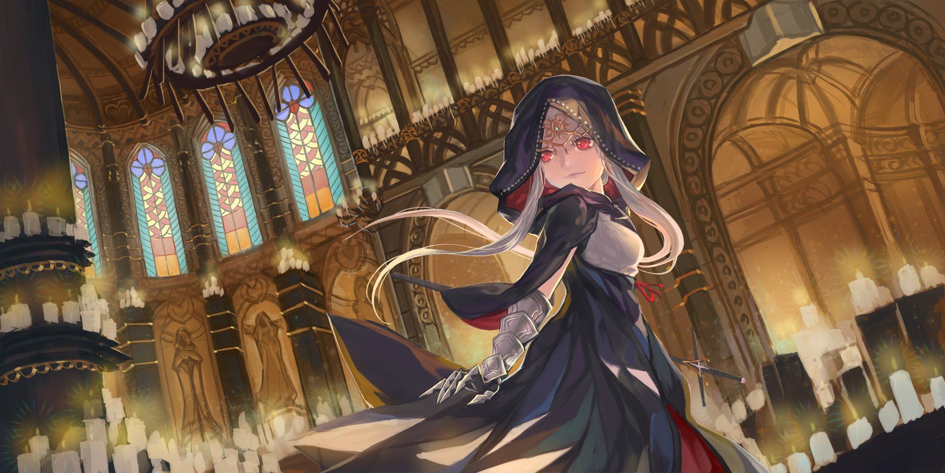 1920x961 Pixiv Fantasia Anime HD Wallpaper: Enigmatic Nun in Grand Cathedral